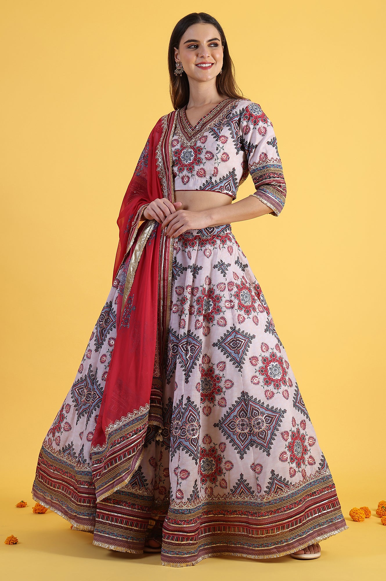 White Embroidered Beads Straight Blouse Top & Skirt with Dupatta Set