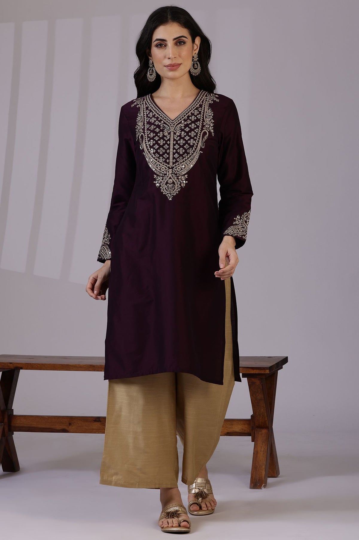 Burgundy Zari Embroidered Straight Kurta