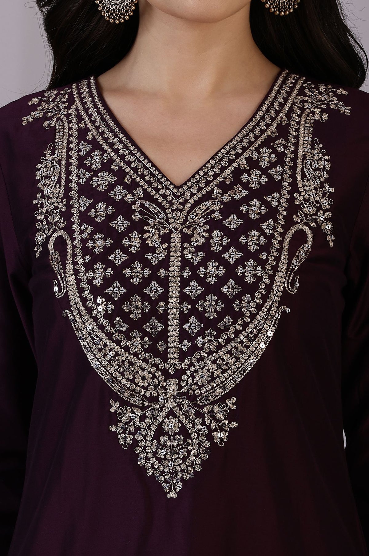 Burgundy Zari Embroidered Straight Kurta