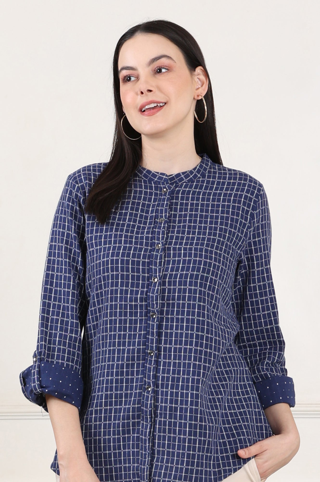 Buy Blue Check Printed Pure Cotton Western Top Online for Woman