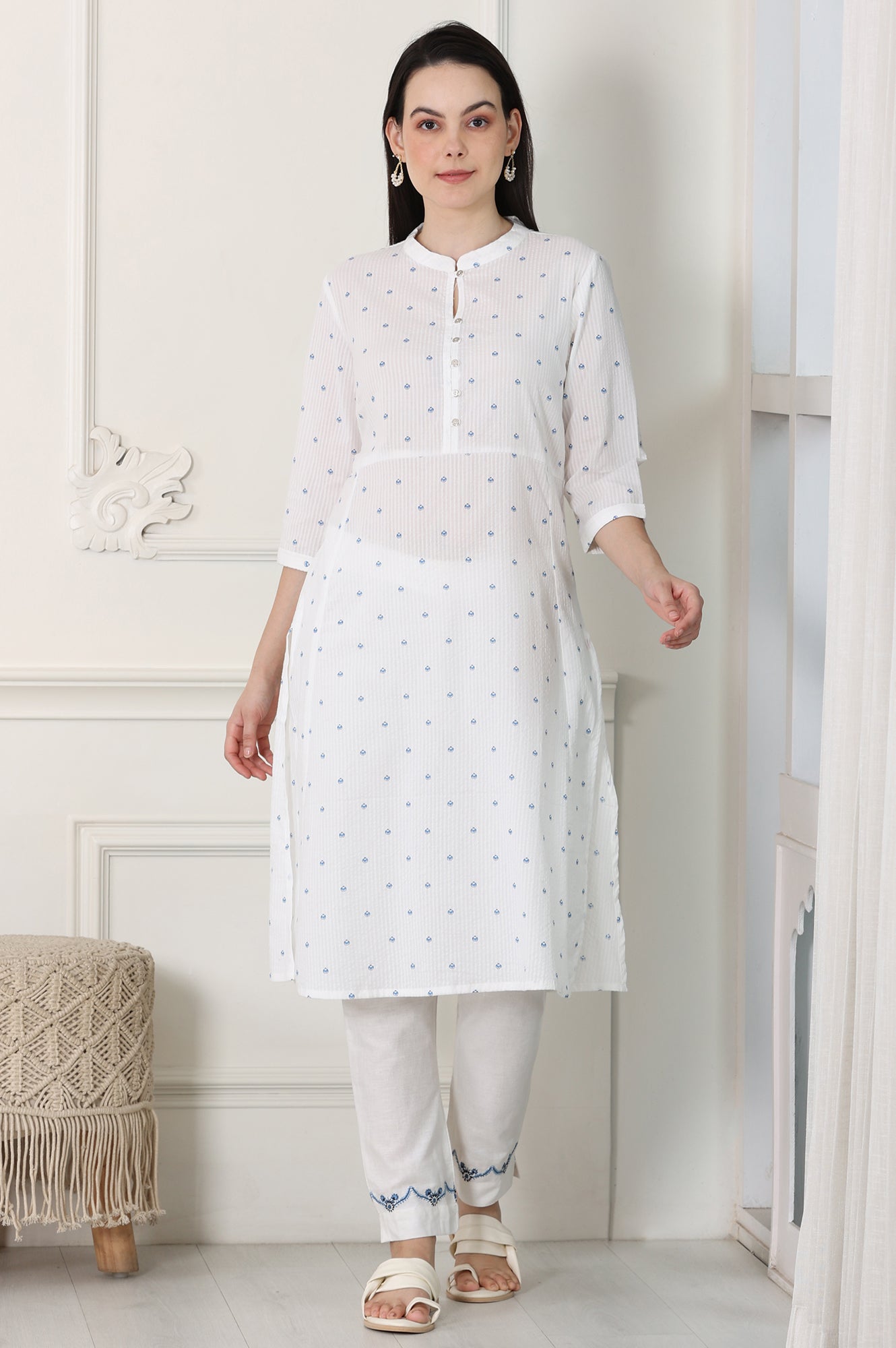White Printed Pure Cotton Soft & Breathable Straight Kurta - wforwoman
