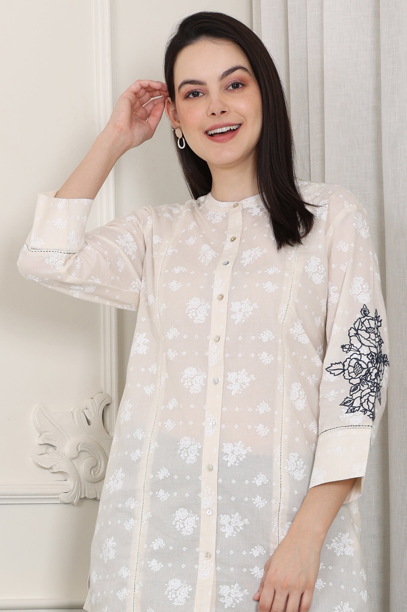 White Floral Printed Pure Cotton Top With Embroidered Sleeves