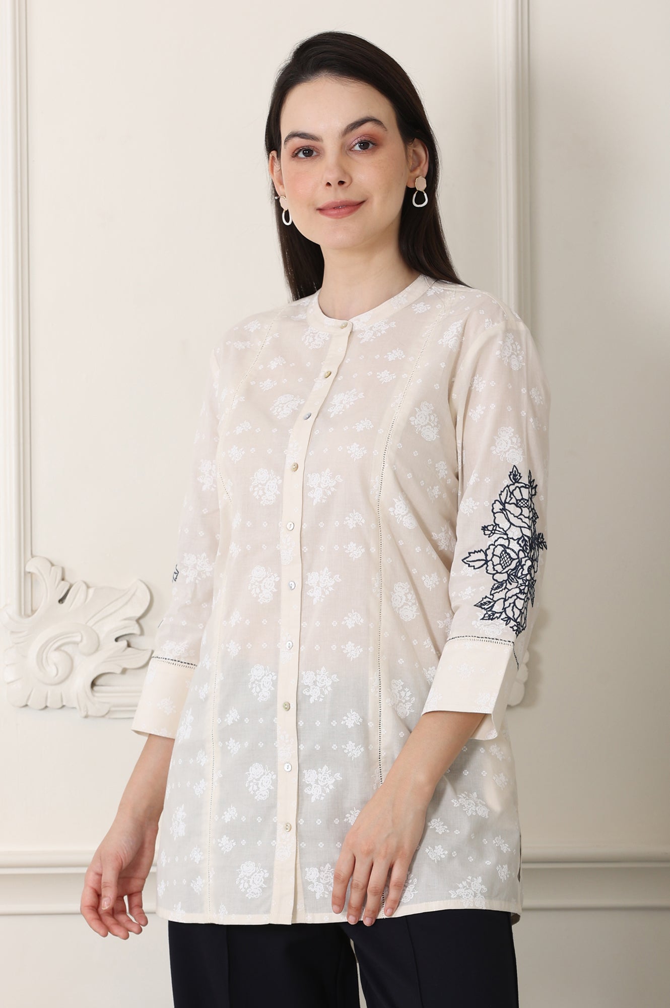 White Floral Printed Pure Cotton Top With Embroidered Sleeves