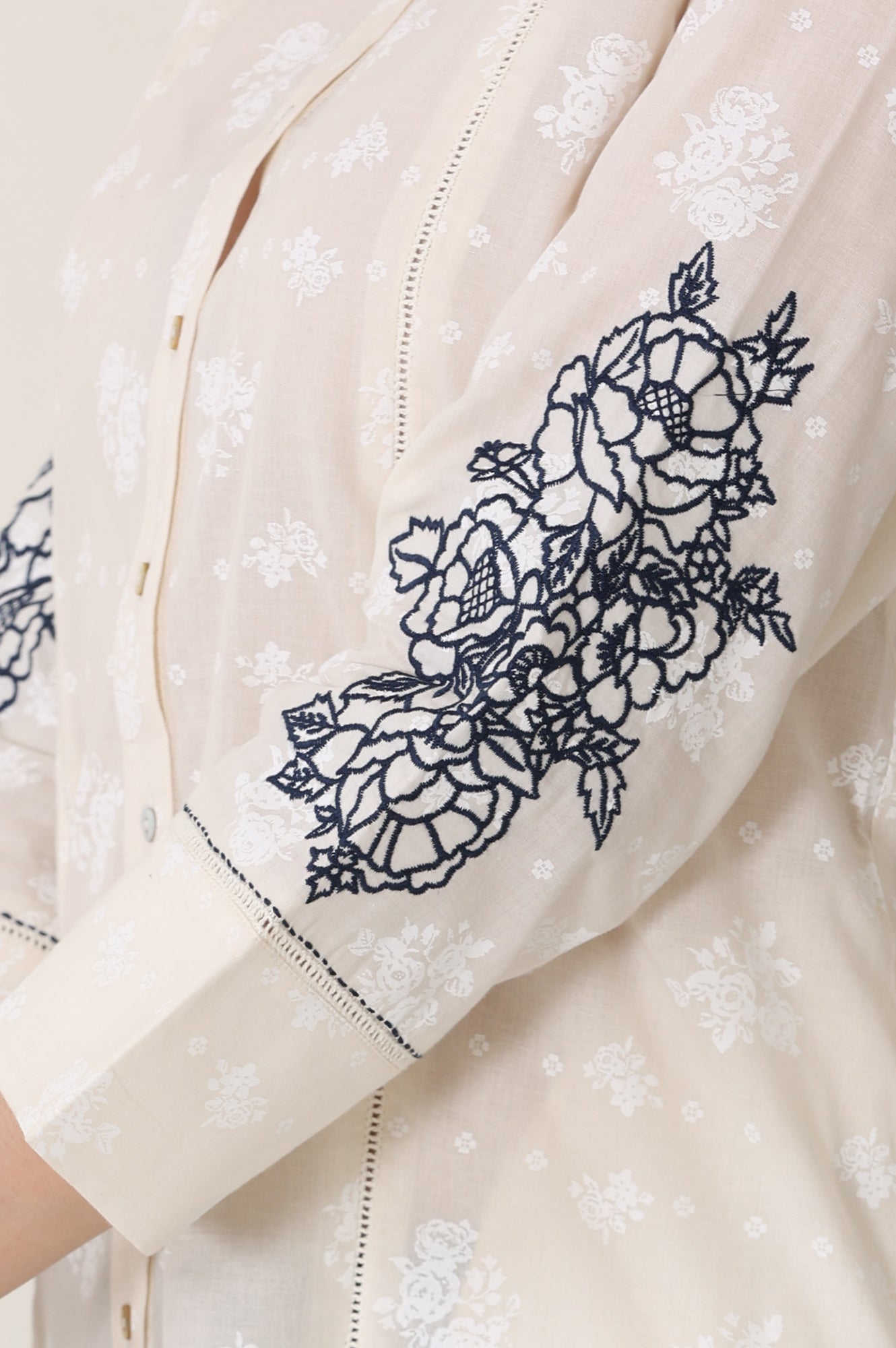 White Floral Printed Pure Cotton Top With Embroidered Sleeves