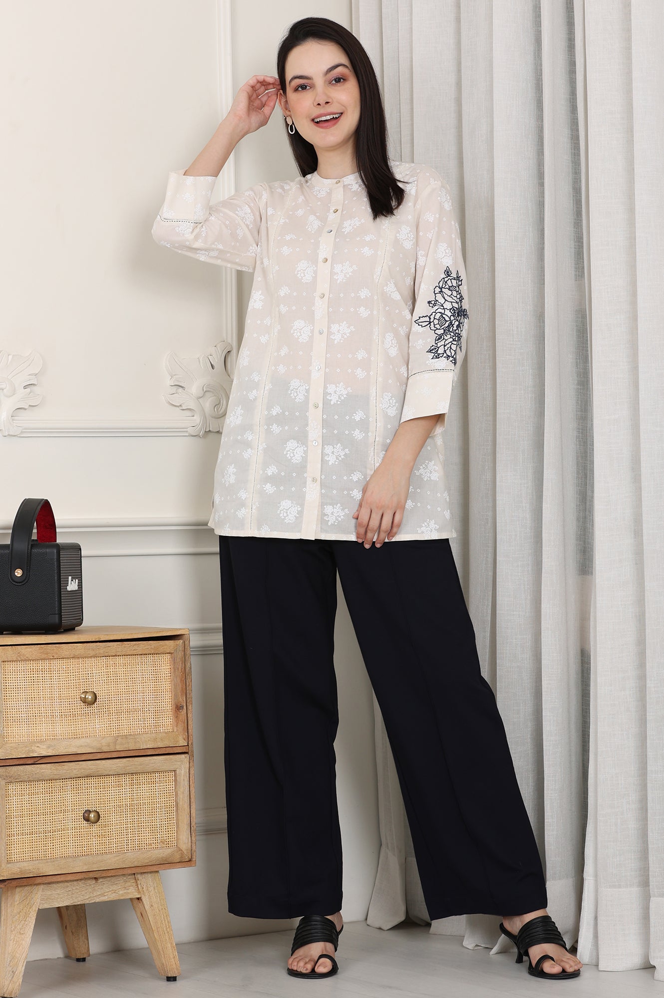 White Floral Printed Pure Cotton Top With Embroidered Sleeves