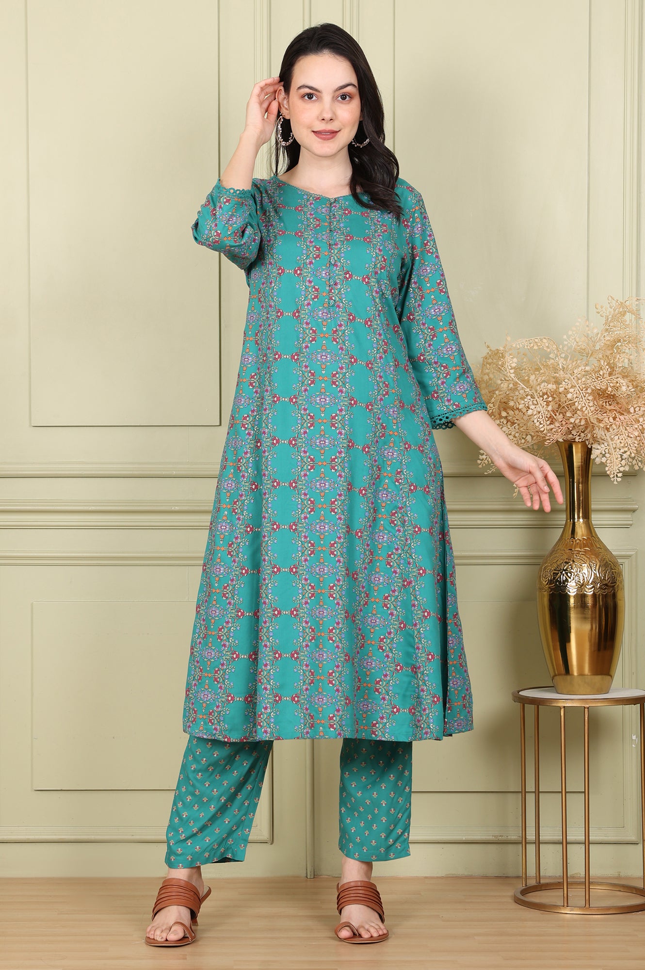 Blue Floral Printed Flared Rayon Kurta And Straight Pants Set - wforwoman