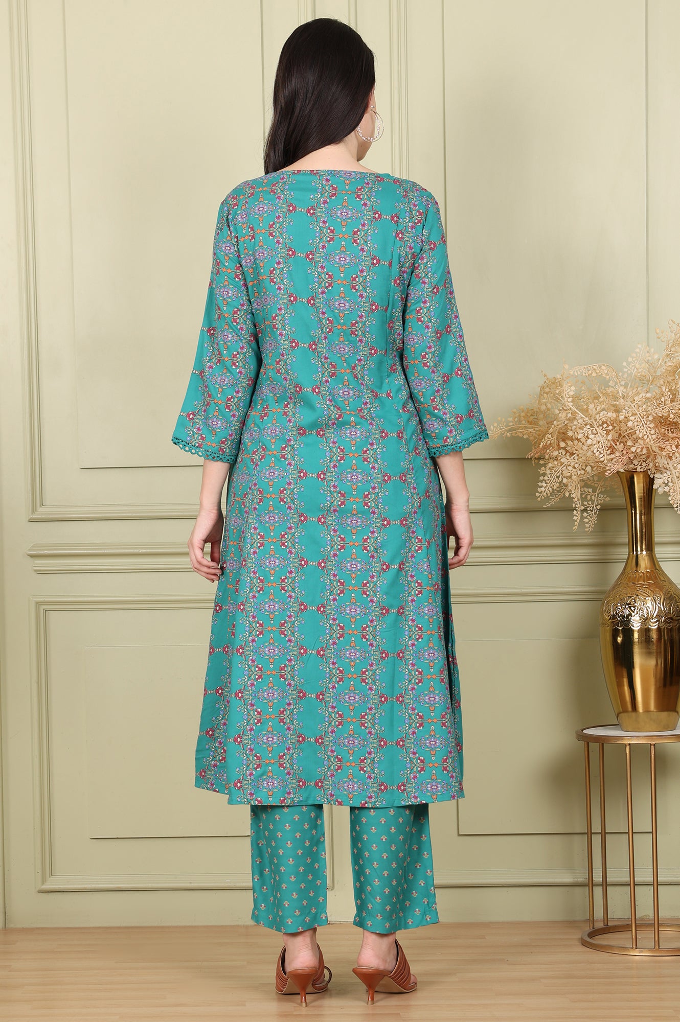 Blue Floral Printed Flared Rayon Kurta And Straight Pants Set - wforwoman
