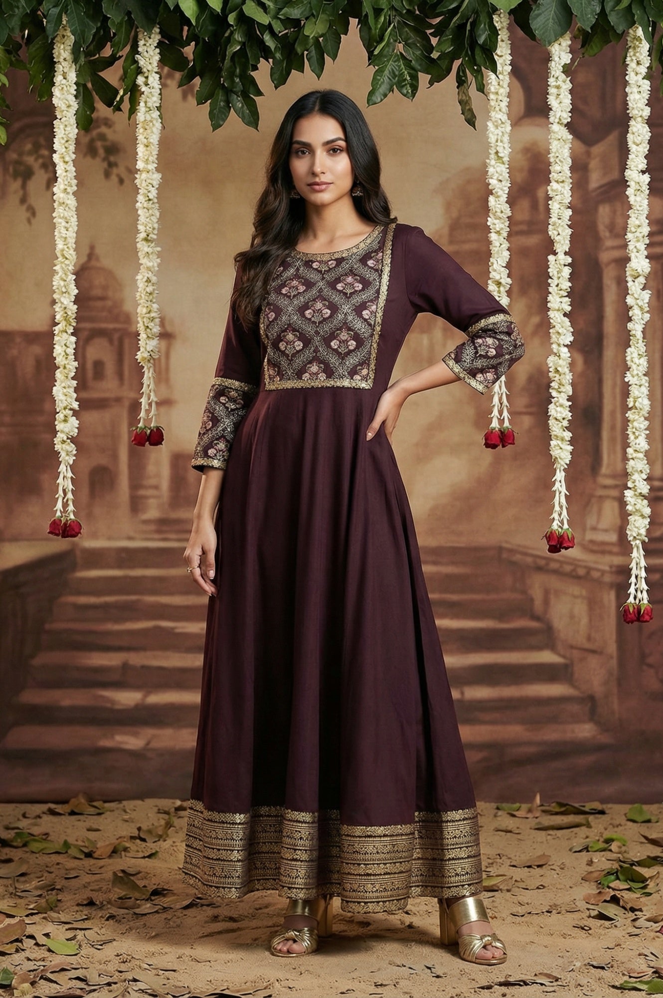 Purple Embroidered Festive Panelled Dress