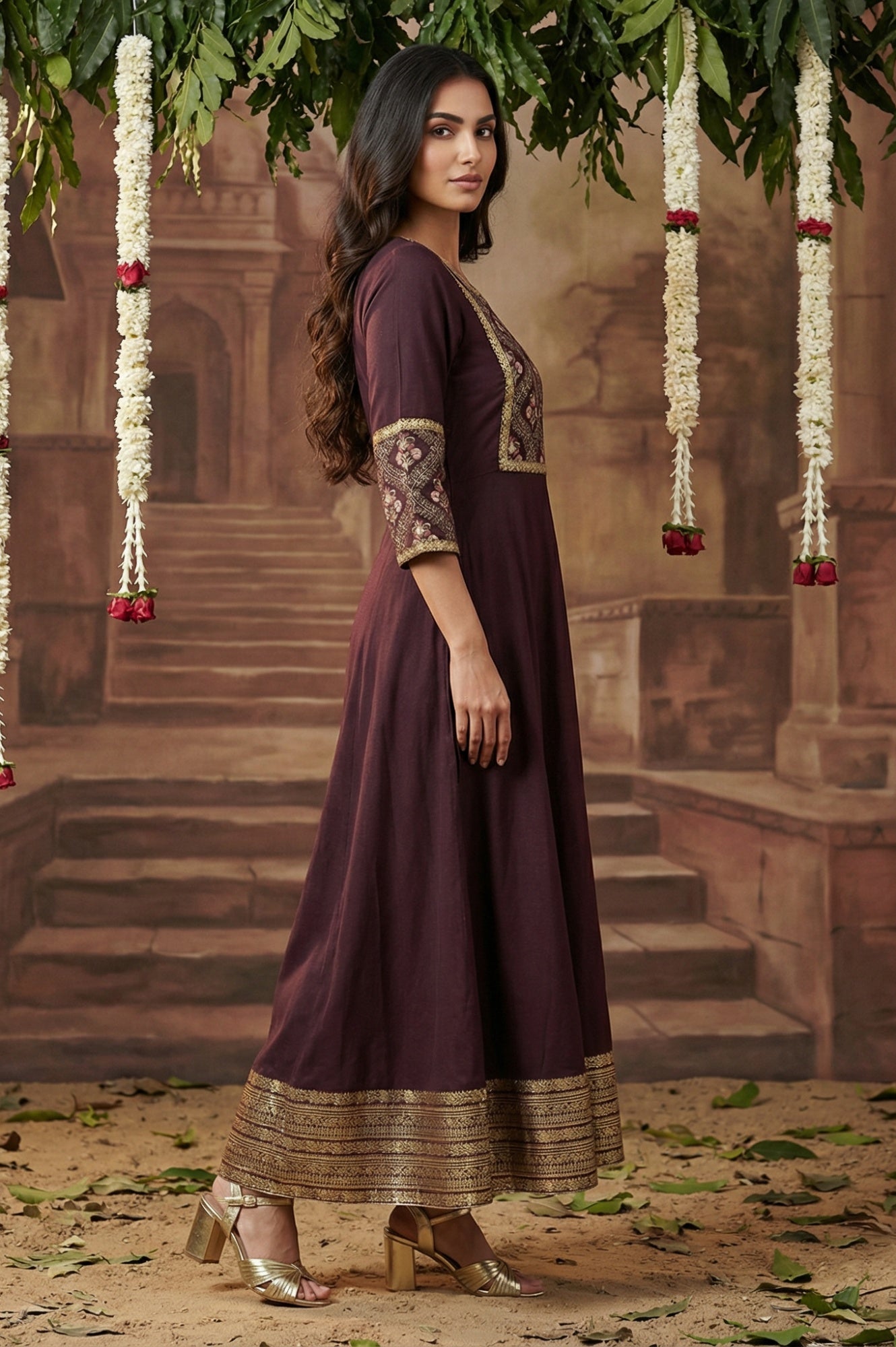 Purple Embroidered Festive Panelled Dress