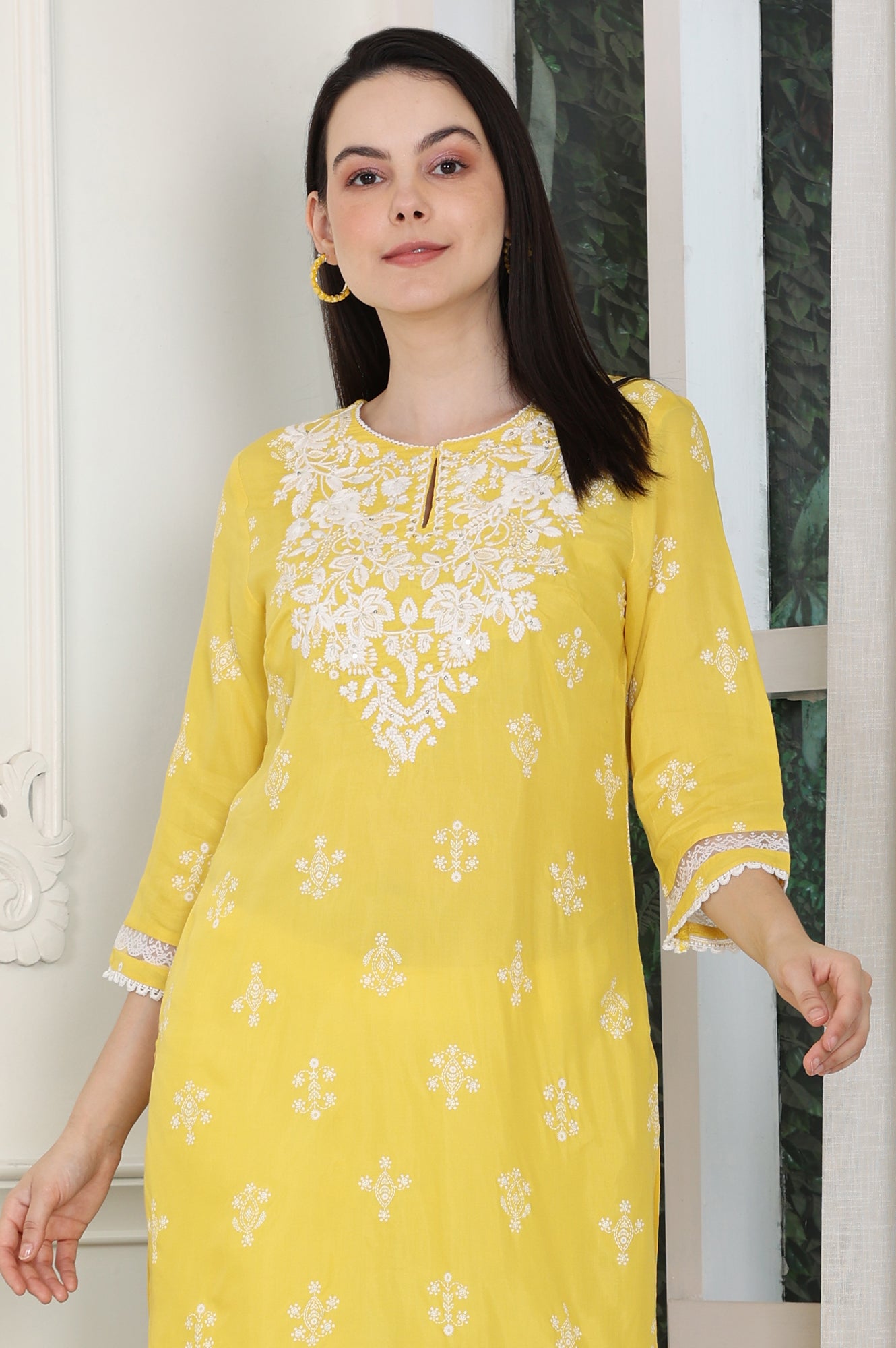 Yellow Floral Printed Dull Shantung Chikankari Straight Kurta - wforwoman