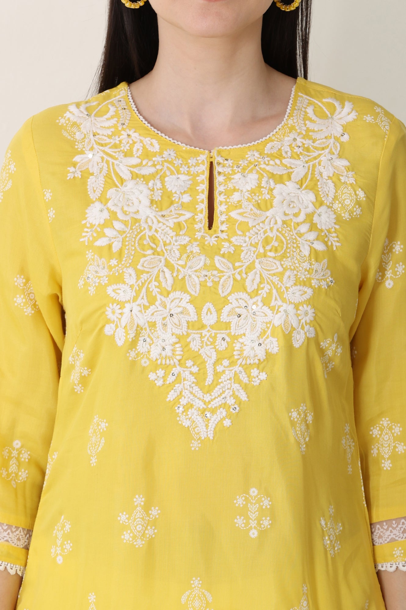 Yellow Floral Printed Dull Shantung Chikankari Straight Kurta - wforwoman