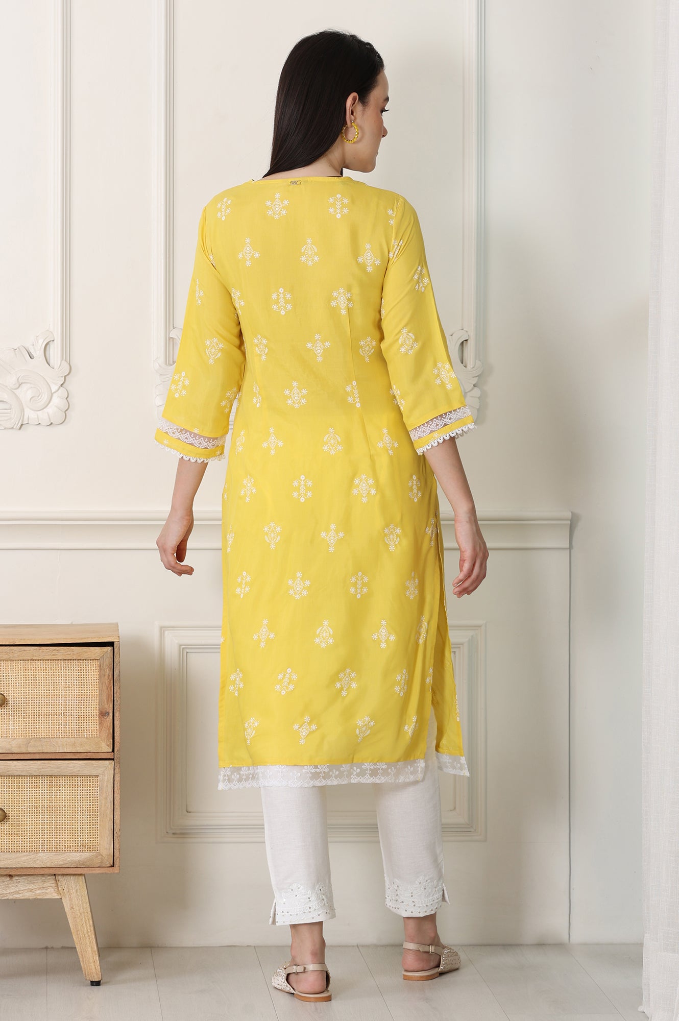 Yellow Floral Printed Dull Shantung Chikankari Straight Kurta - wforwoman