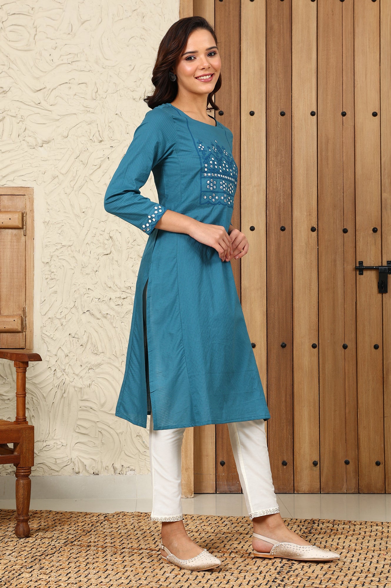 Teal Blue Mirror Work Pure Cotton Straight Kurta - wforwoman
