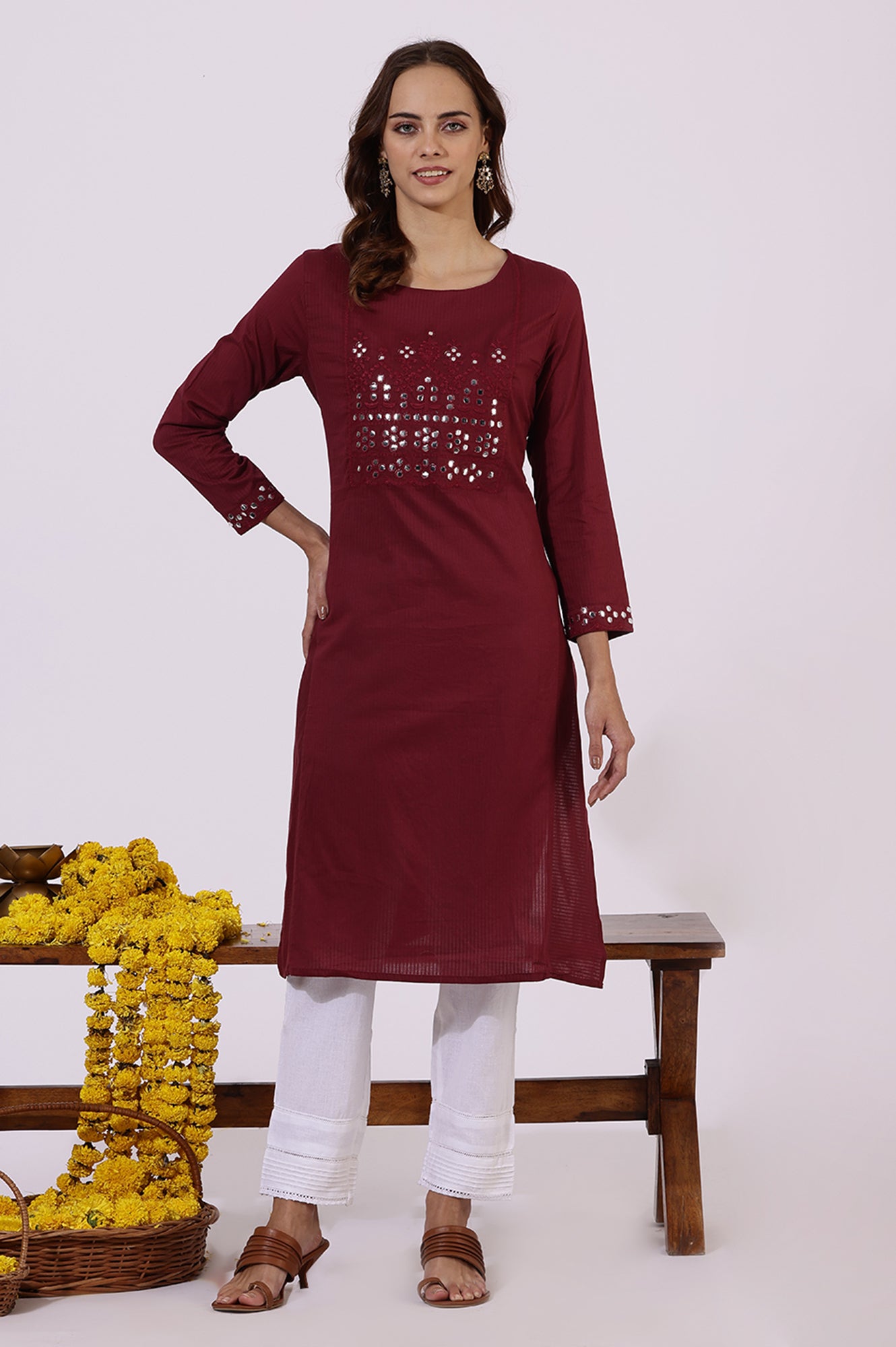 Maroon Solid Mirror work Pure Cotton Straight Kurta