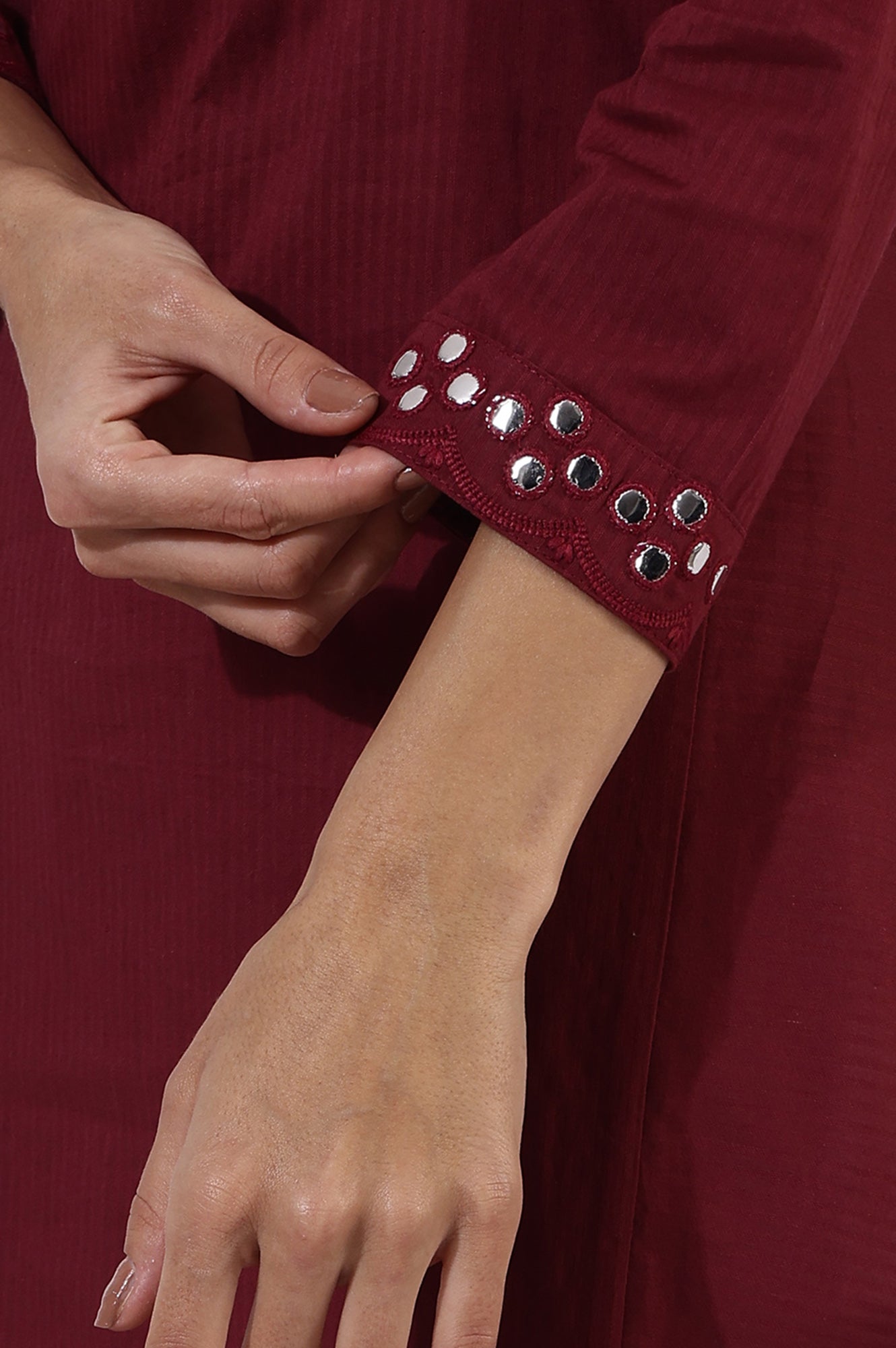 Maroon Solid Mirror work Pure Cotton Straight Kurta