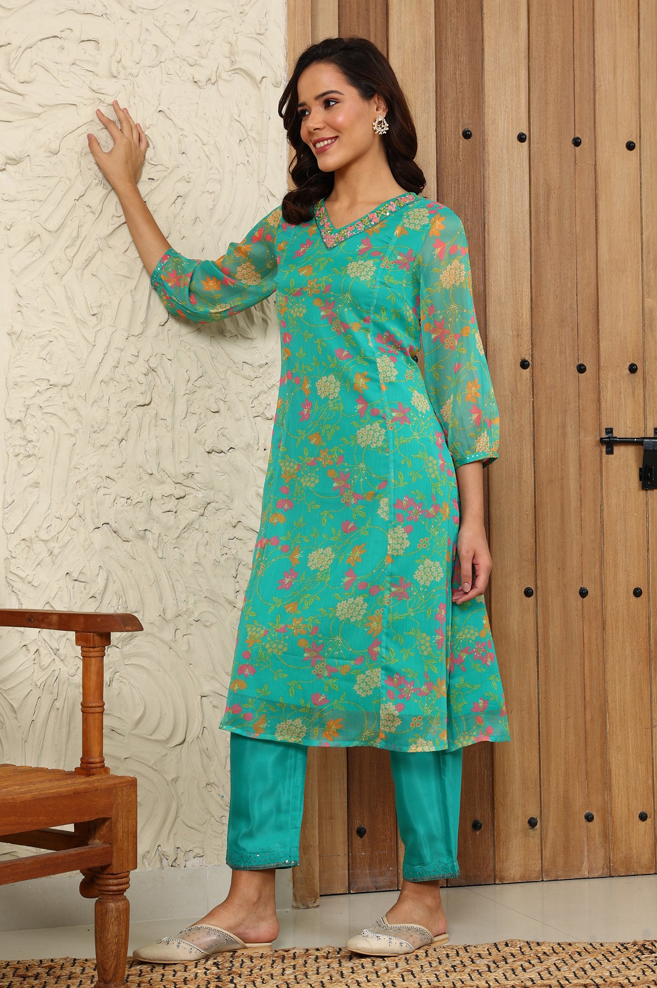Teal Blue Floral Printed Embroidered Neckline Chiffon A-Line Kurta - wforwoman