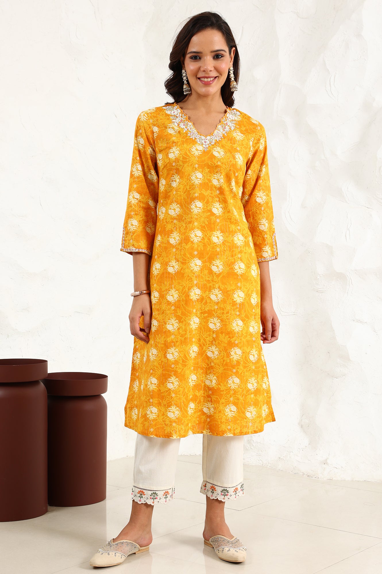 Marigold Yellow Floral Printed Metallic Embroidered Neck Cotton Blend Straight Kurta - wforwoman