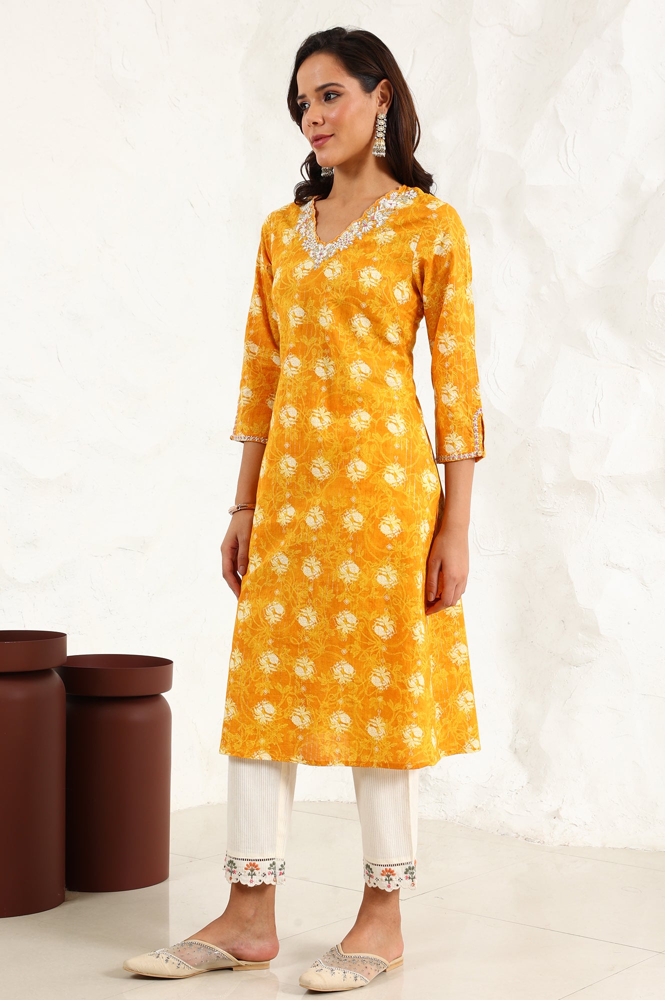 Marigold Yellow Floral Printed Metallic Embroidered Neck Cotton Blend Straight Kurta - wforwoman