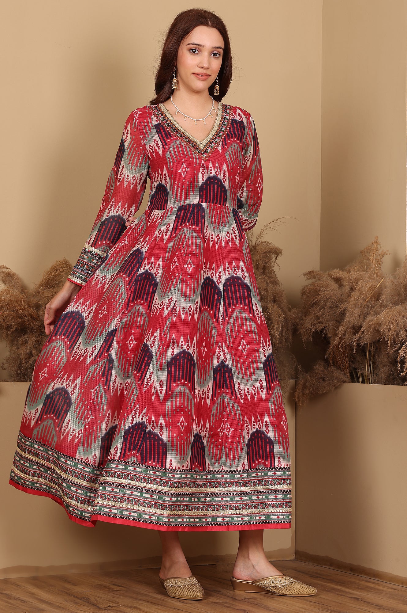 Red And Multi-Coloured Ikkat Printed Flared Dress With Thread & Mirror Work - wforwoman