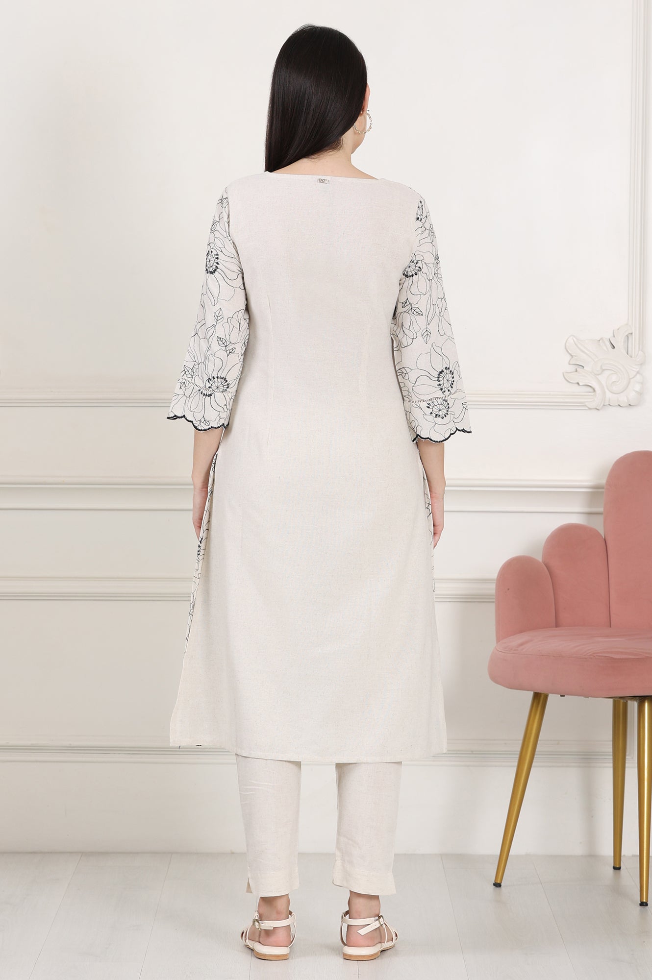 Beige Thread Work Linen Straight Kurta With Scalloped Hemline - wforwoman