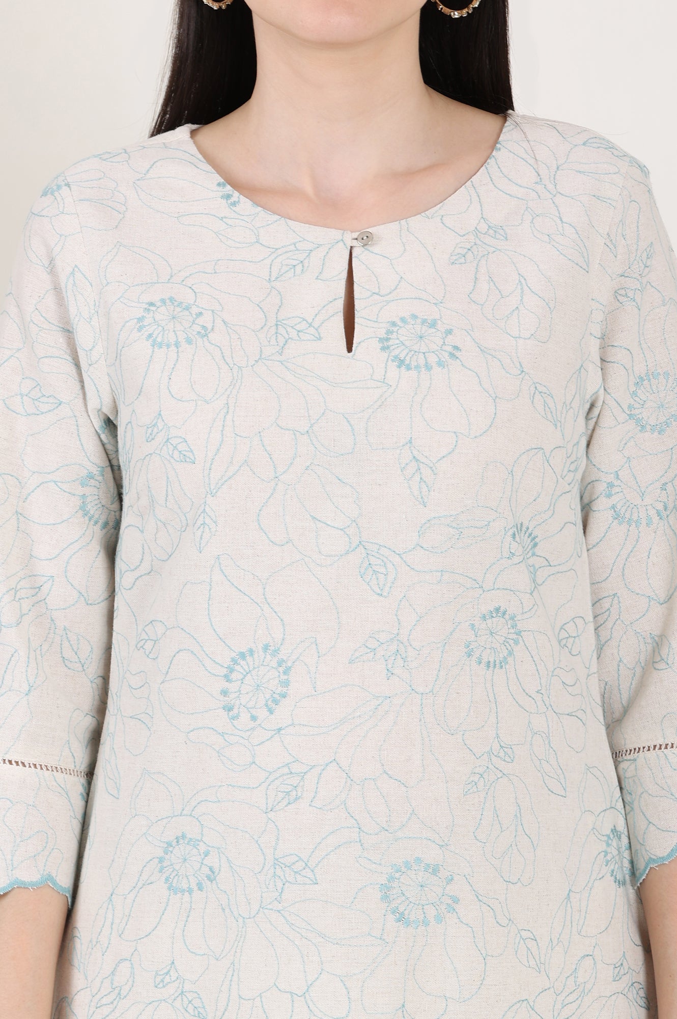 Beige Thread Work Linen Straight Kurta With Scalloped Hemline - wforwoman