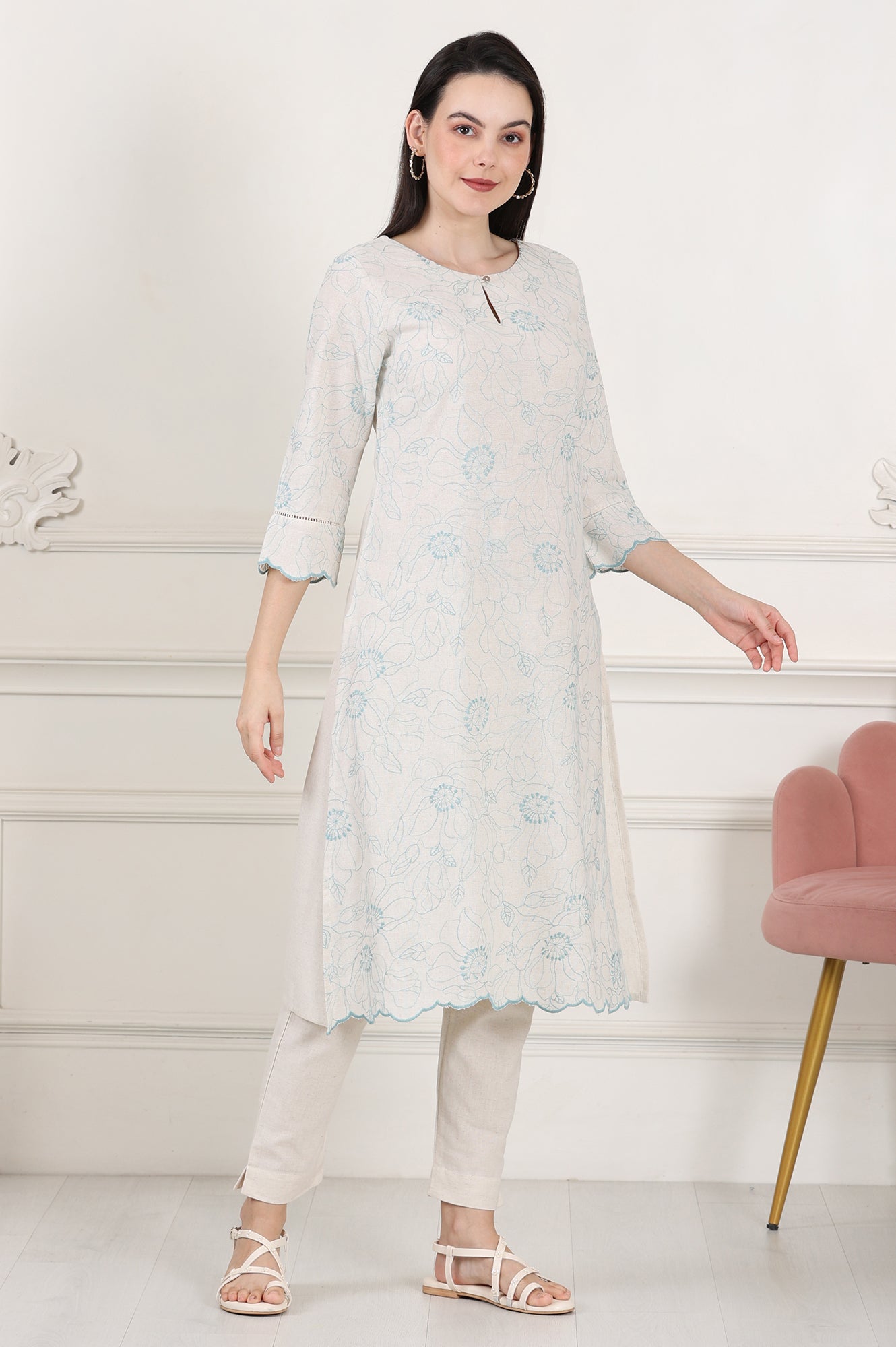 Beige Thread Work Linen Straight Kurta With Scalloped Hemline - wforwoman