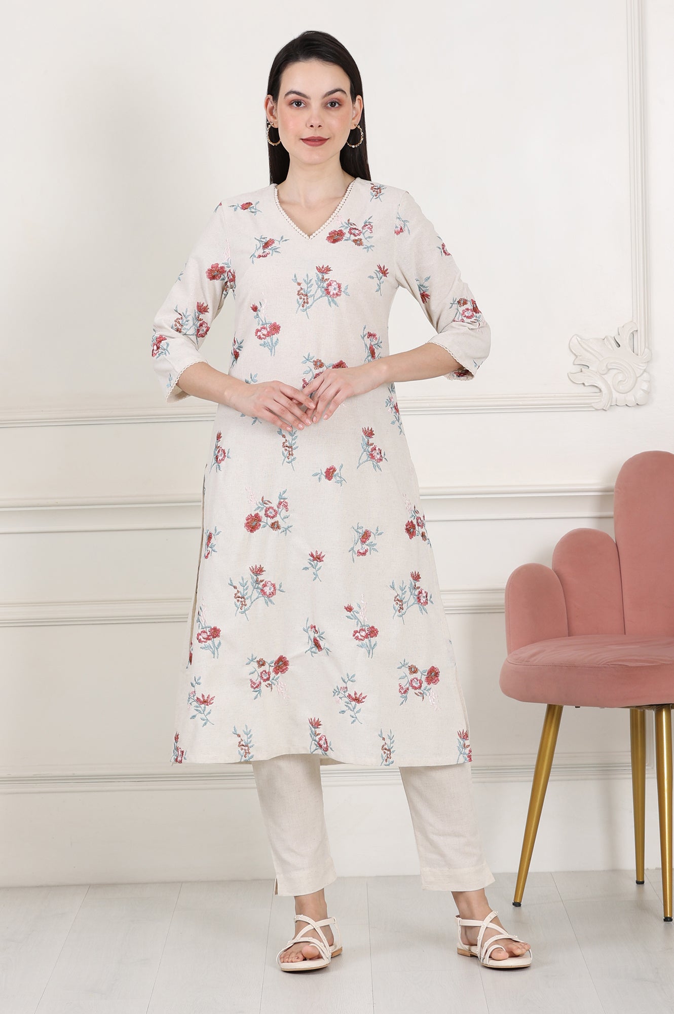 Beige Linen Straight Kurta With Multi-Coloured Thread Work - wforwoman