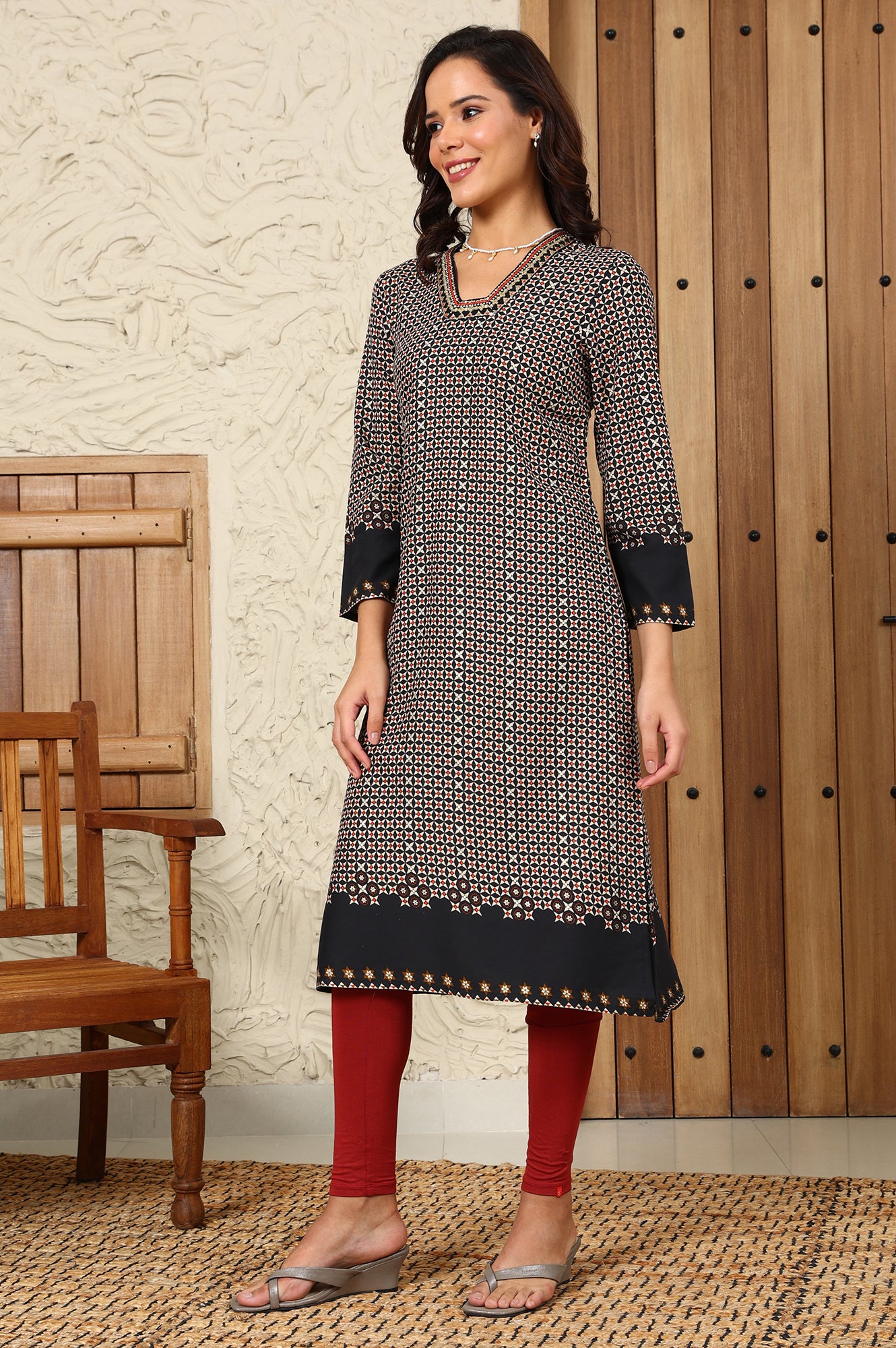 Black Geometric Printed Rayon A-Line Kurta With Metallic Embroidery On Neck - wforwoman