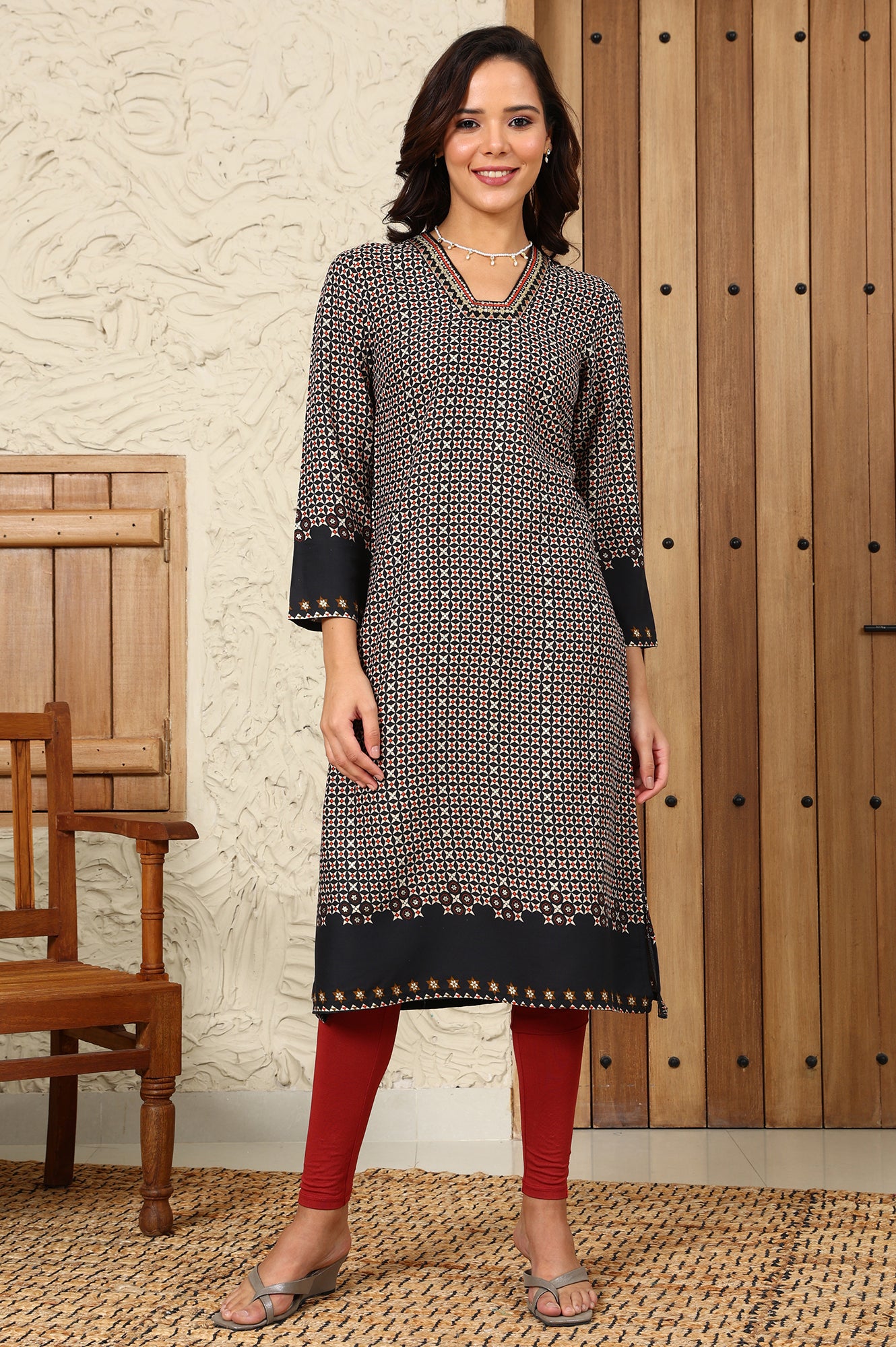 Black Geometric Printed Rayon A-Line Kurta With Metallic Embroidery On Neck - wforwoman