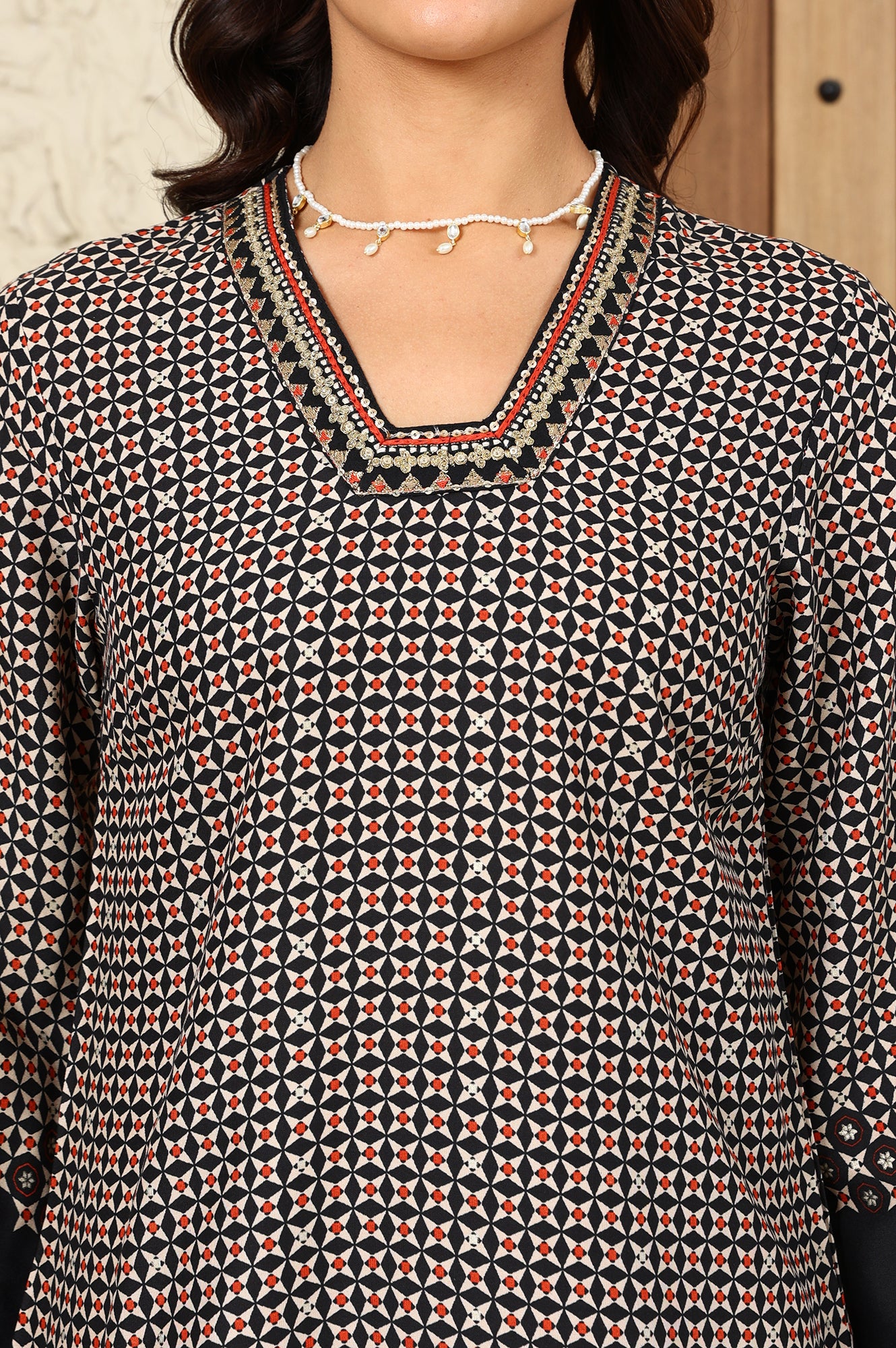 Black Geometric Printed Rayon A-Line Kurta With Metallic Embroidery On Neck - wforwoman