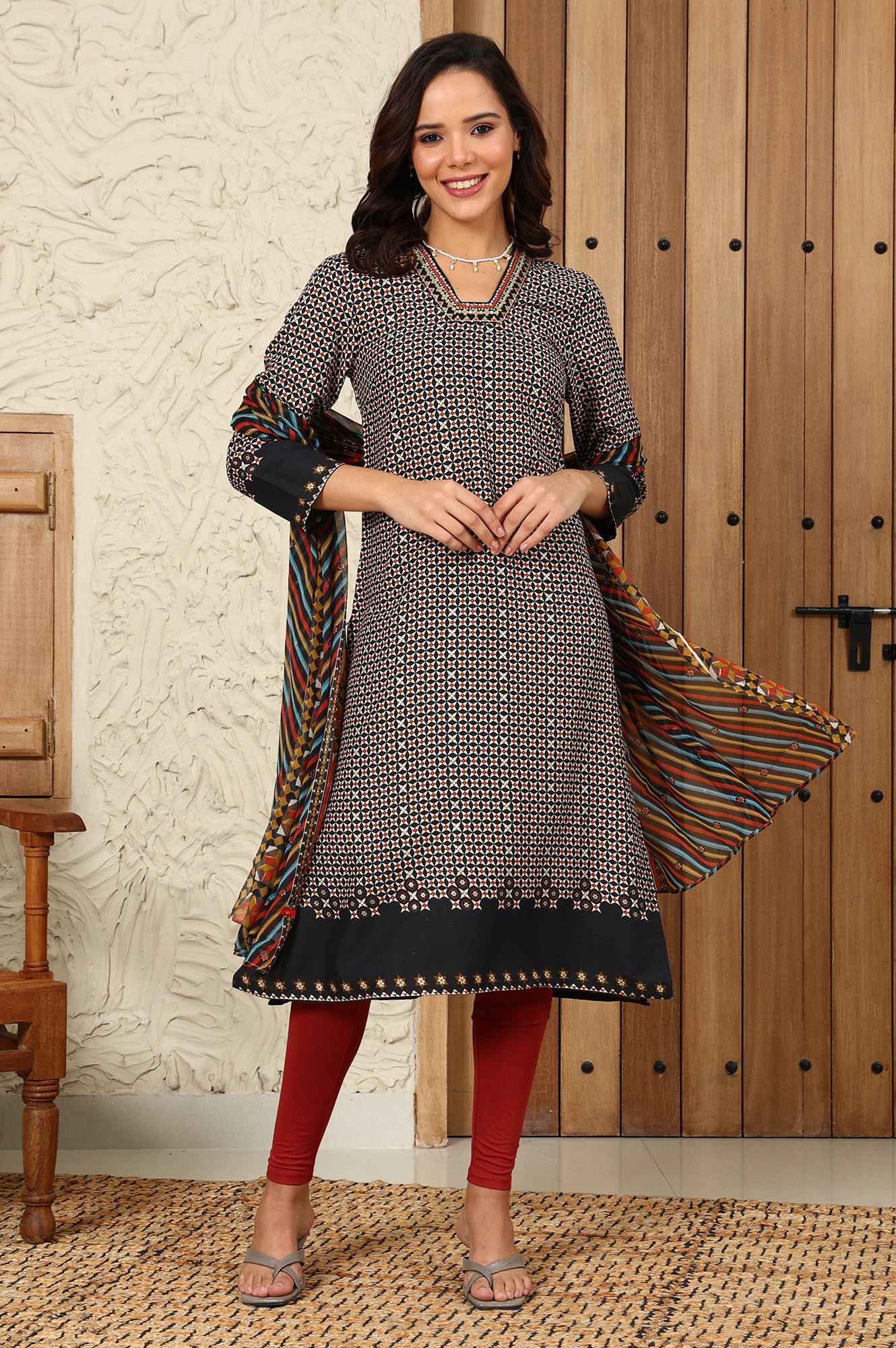 Black Geometric Printed Rayon A-Line Kurta With Metallic Embroidery On Neck - wforwoman