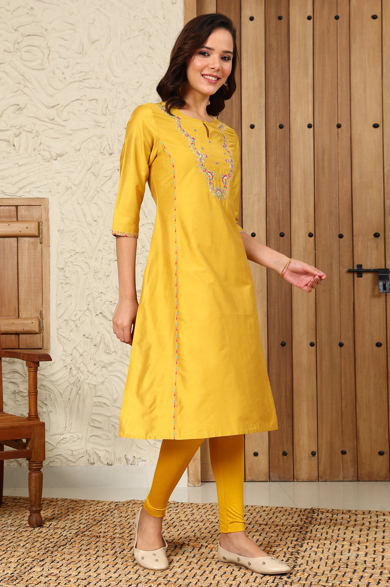 Yellow Solid Dori Embroidered Festive Straight Kurta - wforwoman