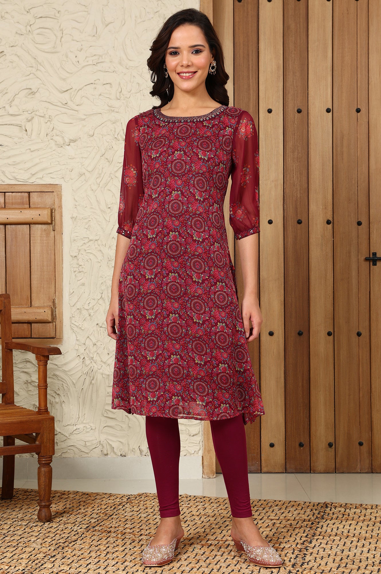 Wine Floral Printed Dori Embroidered Chiffon Kurta With Attached Lining - wforwoman