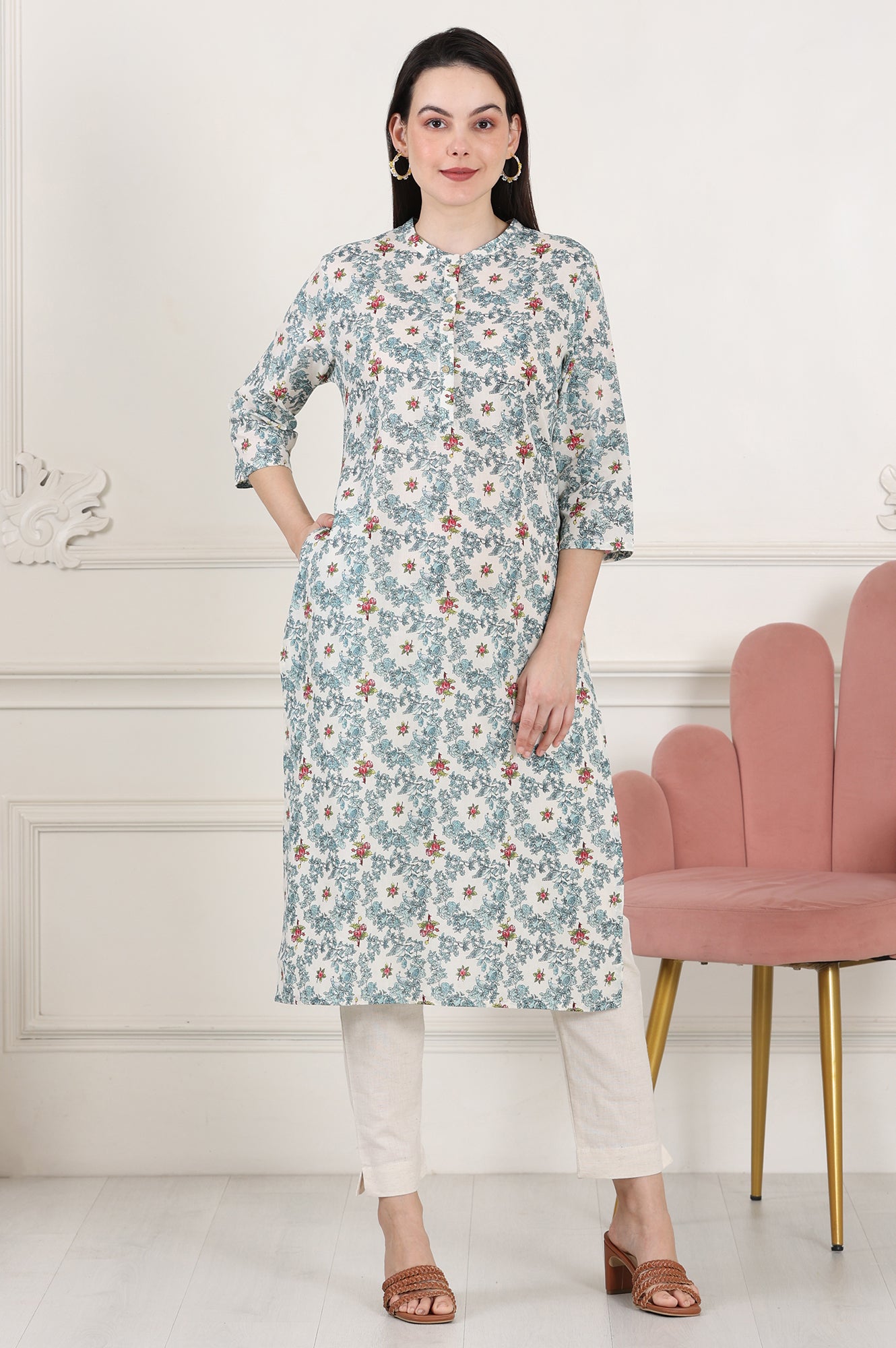 White Mandarin Collar Pure Cotton Straight Kurta With Green & Orange Floral Print - wforwoman