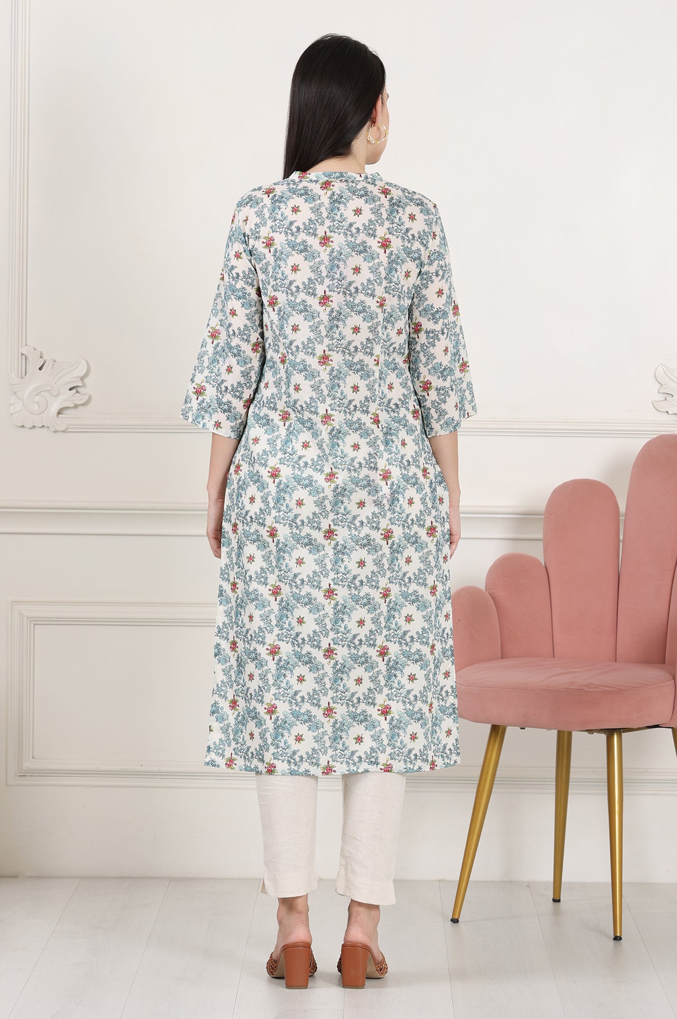 White Mandarin Collar Pure Cotton Straight Kurta With Green & Orange Floral Print - wforwoman