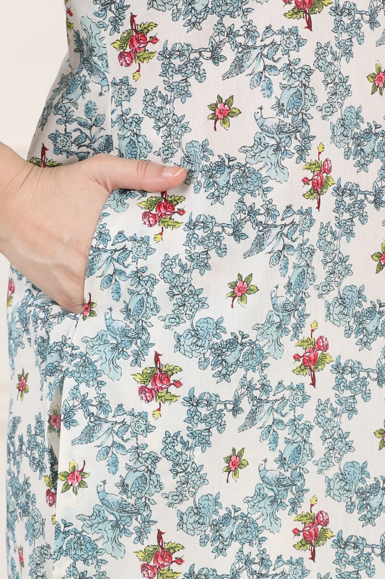 White Mandarin Collar Pure Cotton Straight Kurta With Green & Orange Floral Print - wforwoman