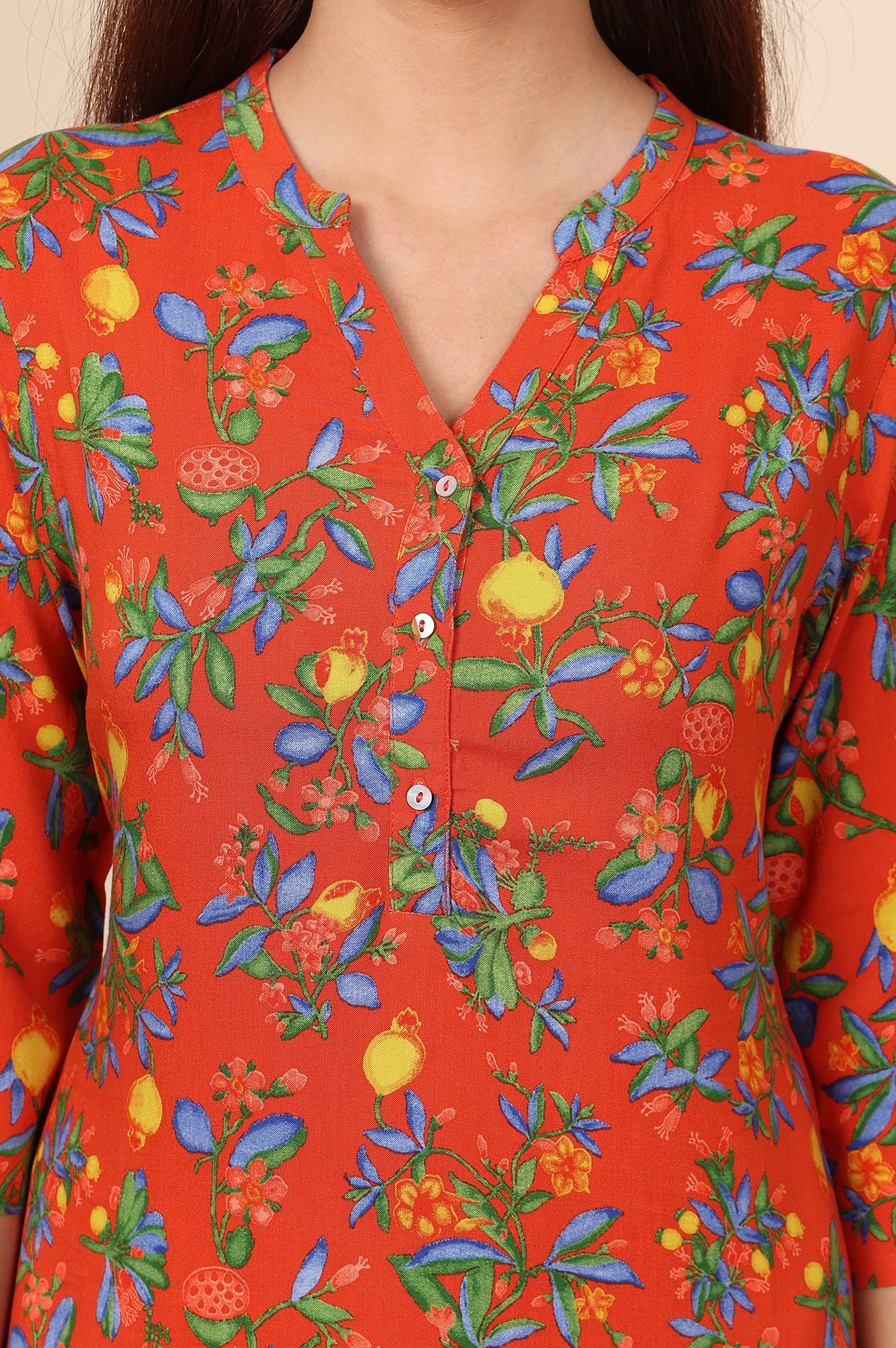 Orange Floral Printed Rayon Straight Kurta - wforwoman