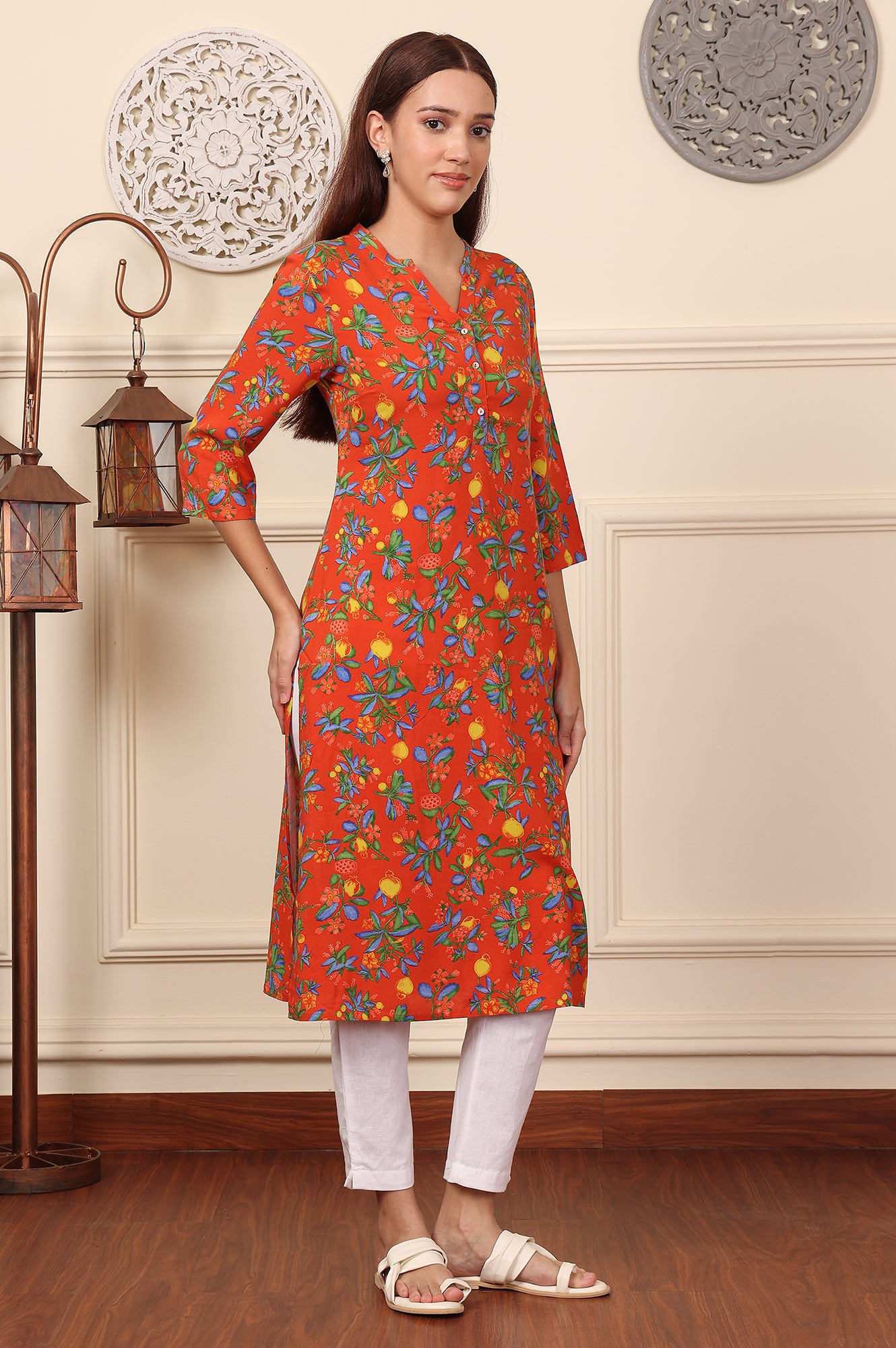 Orange Floral Printed Rayon Straight Kurta - wforwoman