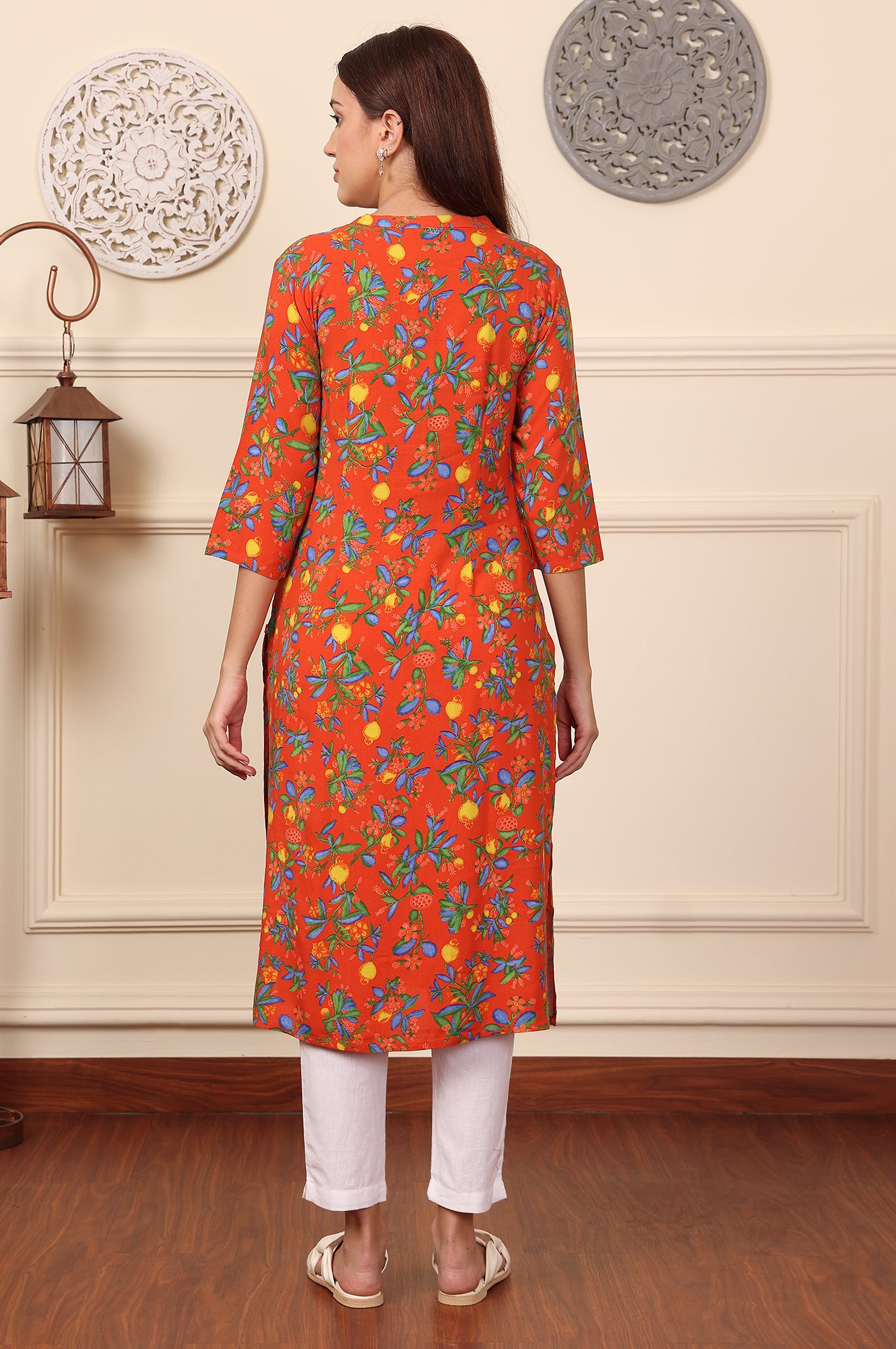 Orange Floral Printed Rayon Straight Kurta - wforwoman