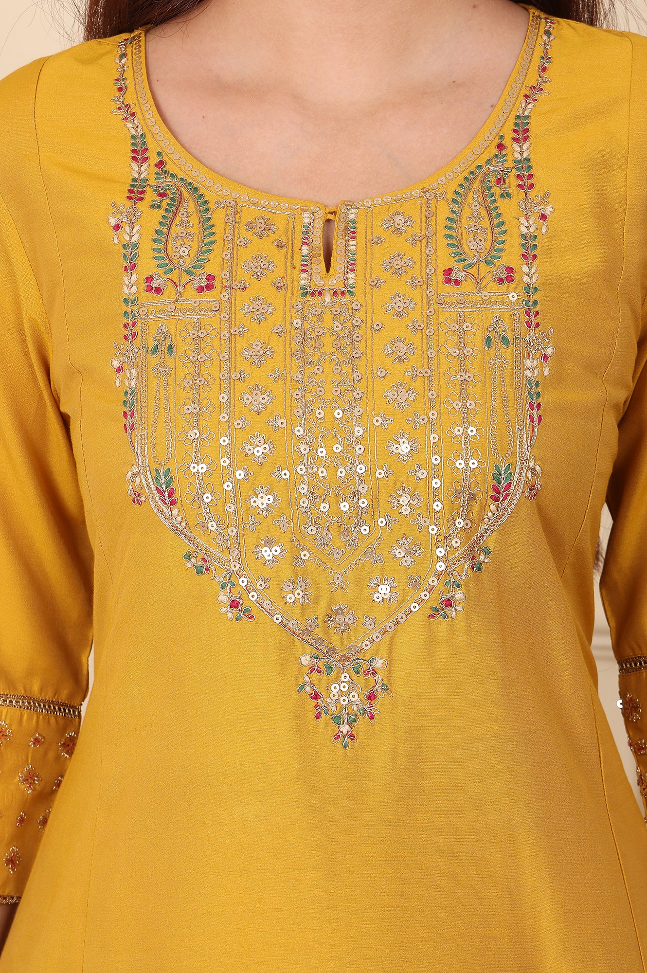Yellow Embroidered A-Line Rayon Kurta with Straight Pant and Dupatta Set