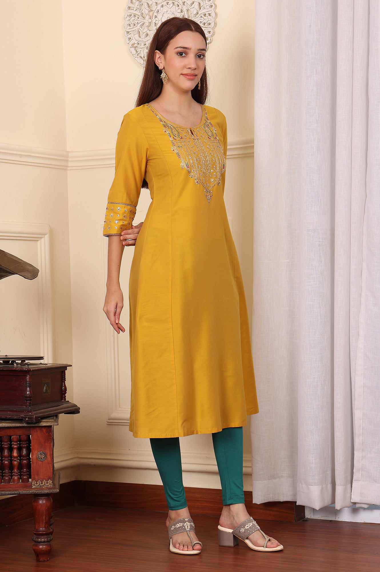 Yellow Embroidered A-Line Rayon Kurta with Straight Pant and Dupatta Set
