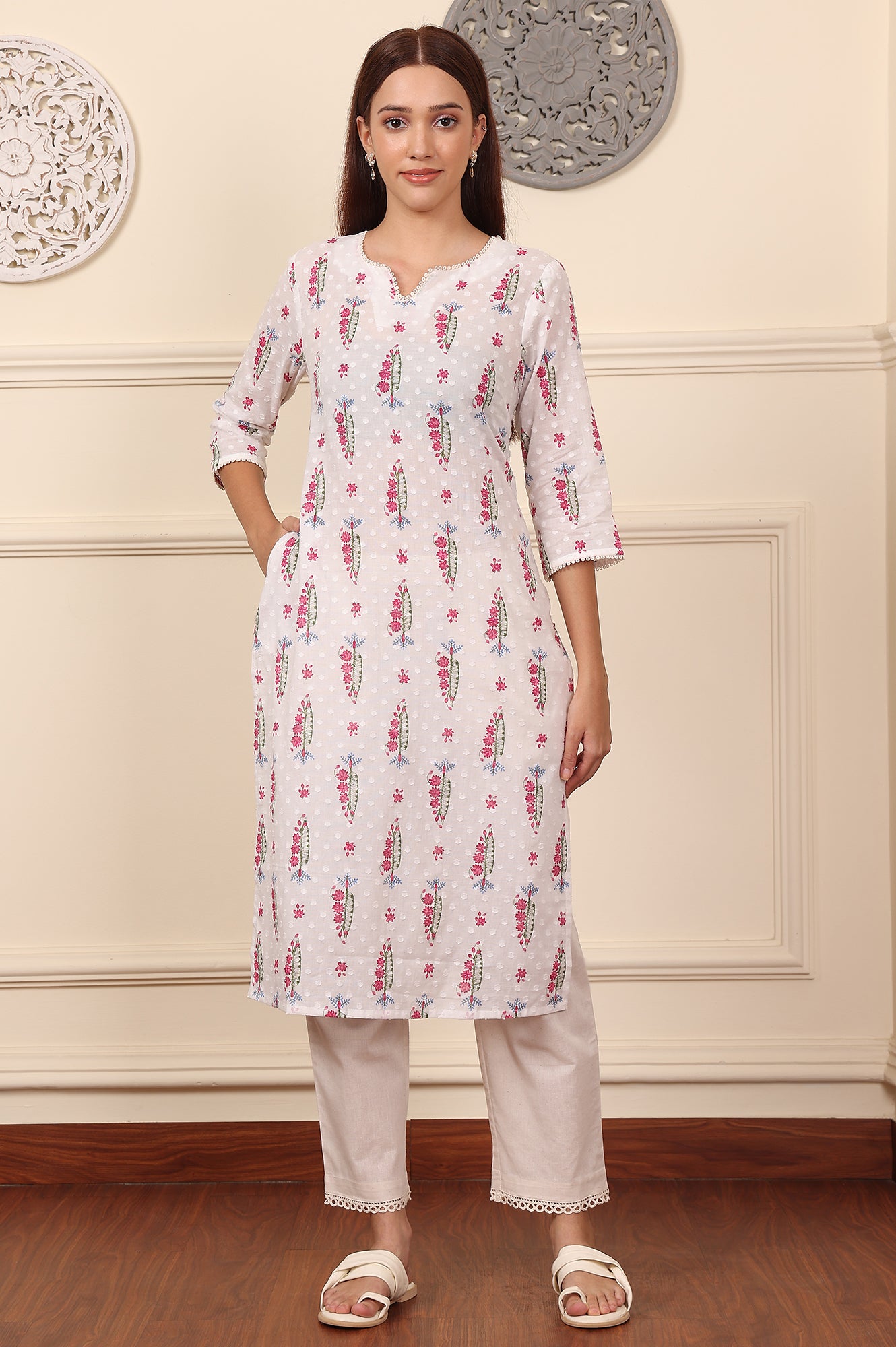 White Floral & Leaf Printed Textured Pure Cotton Straight Kurta - wforwoman