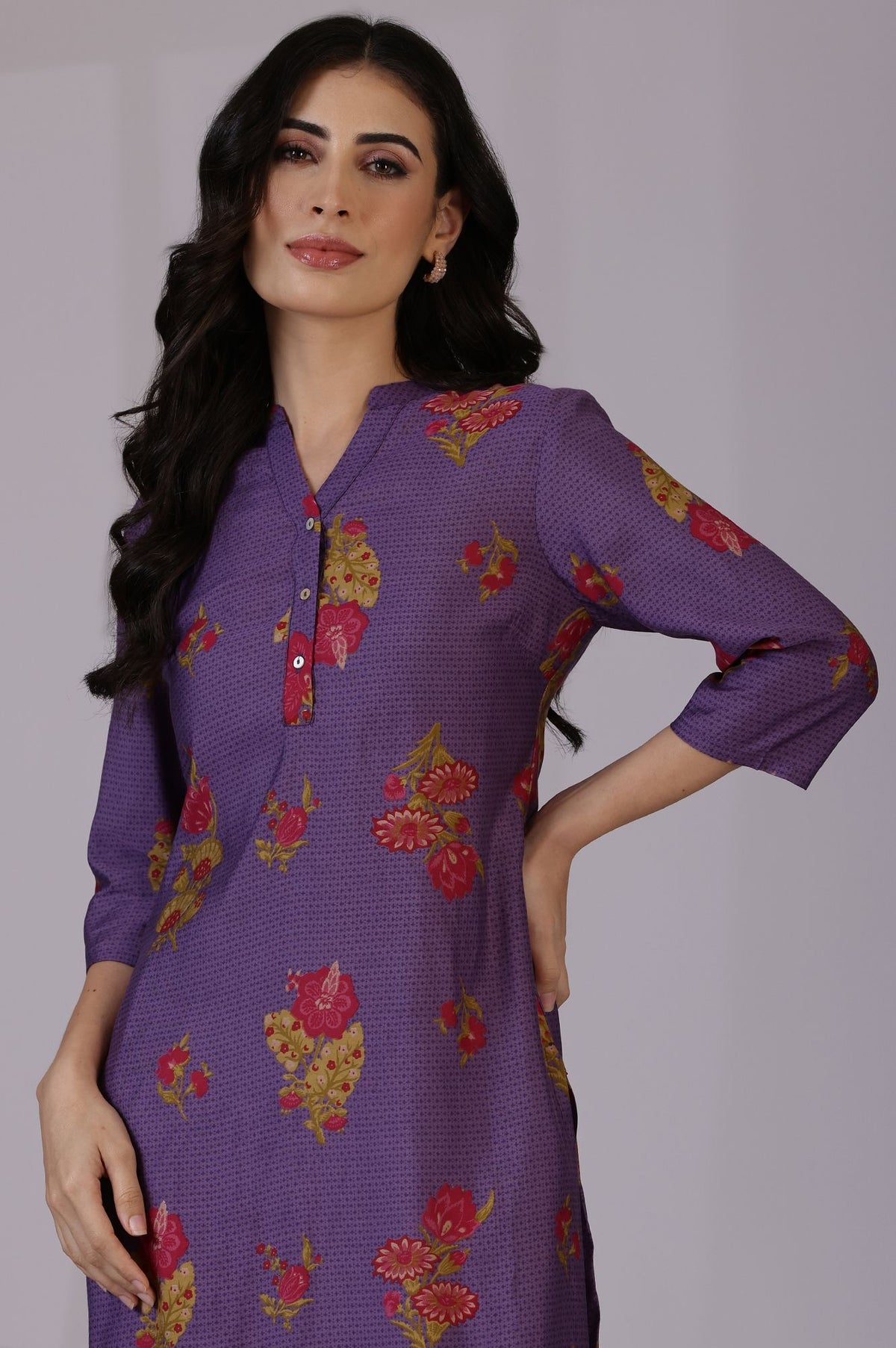 Purple Floral Printed Muslin Straight Kurta