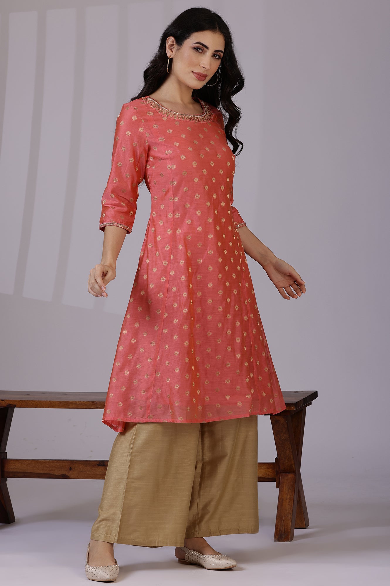 Pink Yarn-Dyed Chanderi Straight Kurta with Embroidered Neck