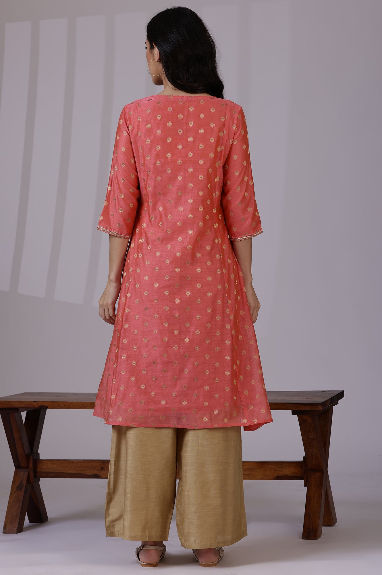 Pink Yarn-Dyed Chanderi Straight Kurta with Embroidered Neck