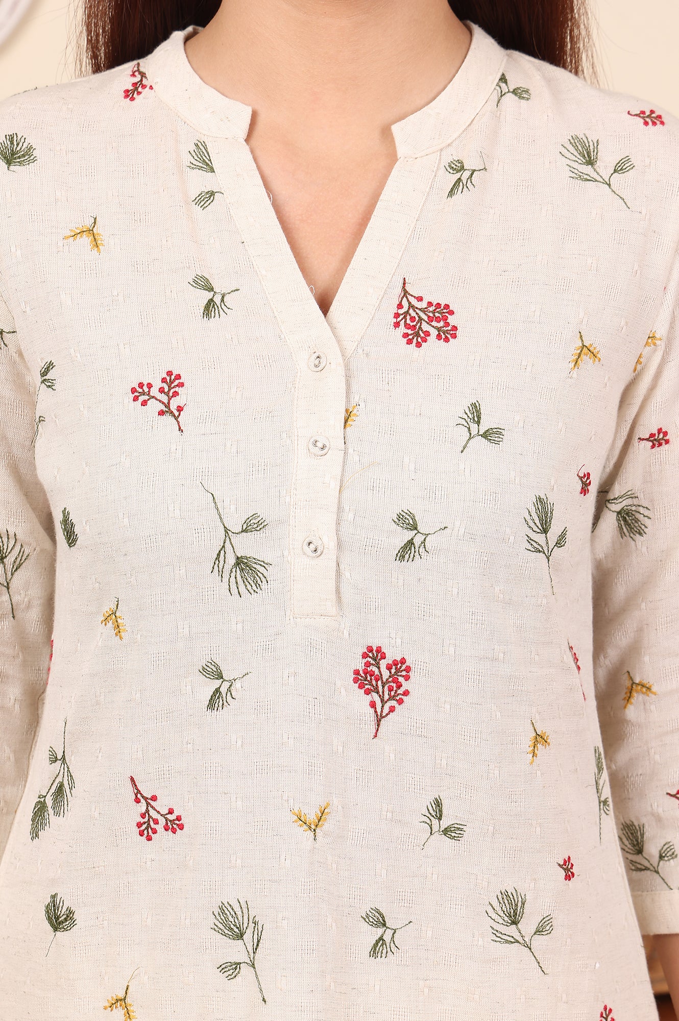 Off White Floral Printed Cotton Flax Straight Kurta - wforwoman