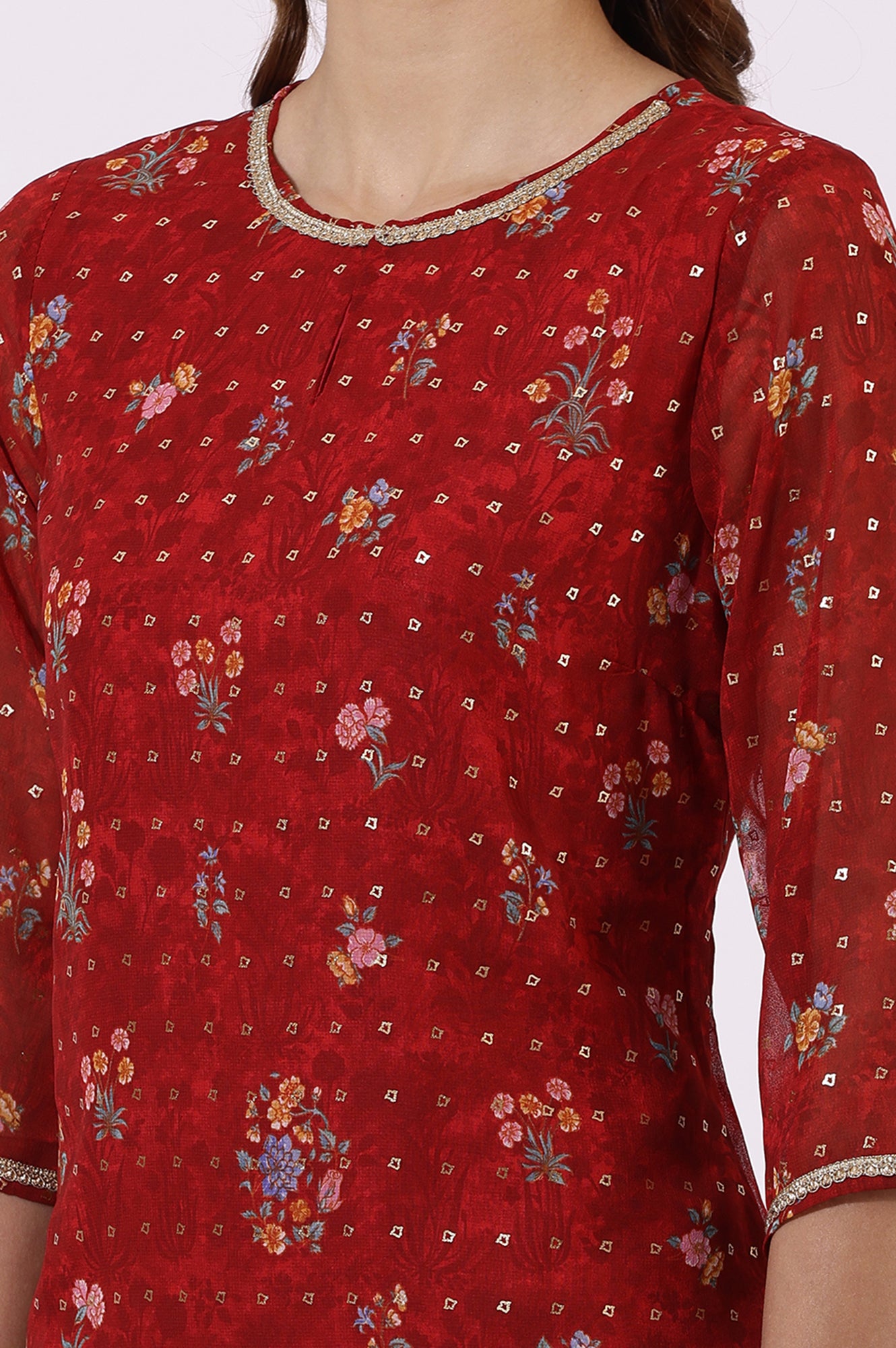 Red Printed Lace Straight Kurta