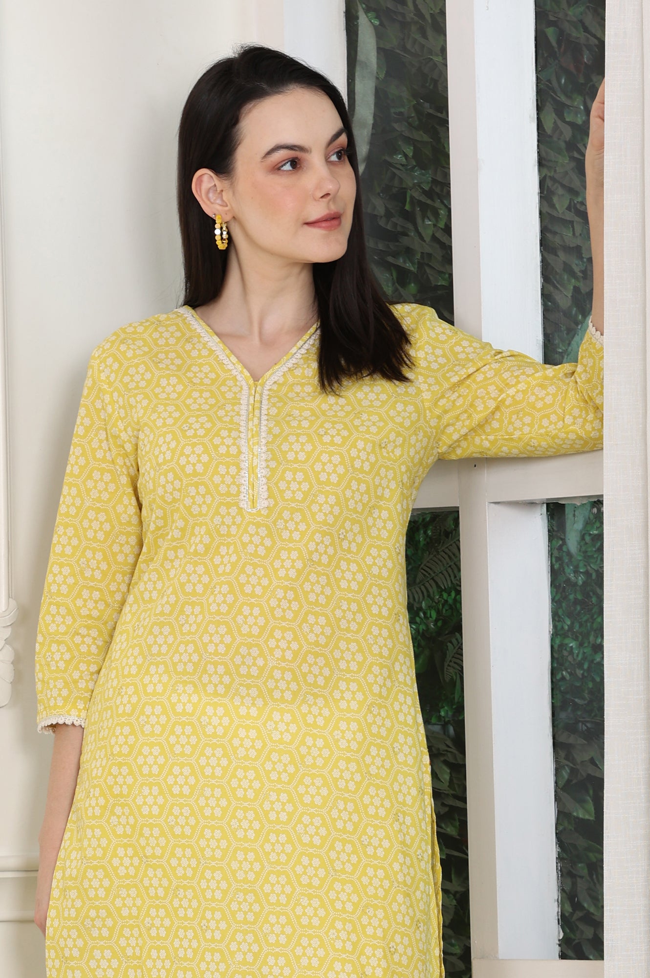 Yellow Floral Printed Pure Cotton Soft & Breathable Kurta With Lace - wforwoman