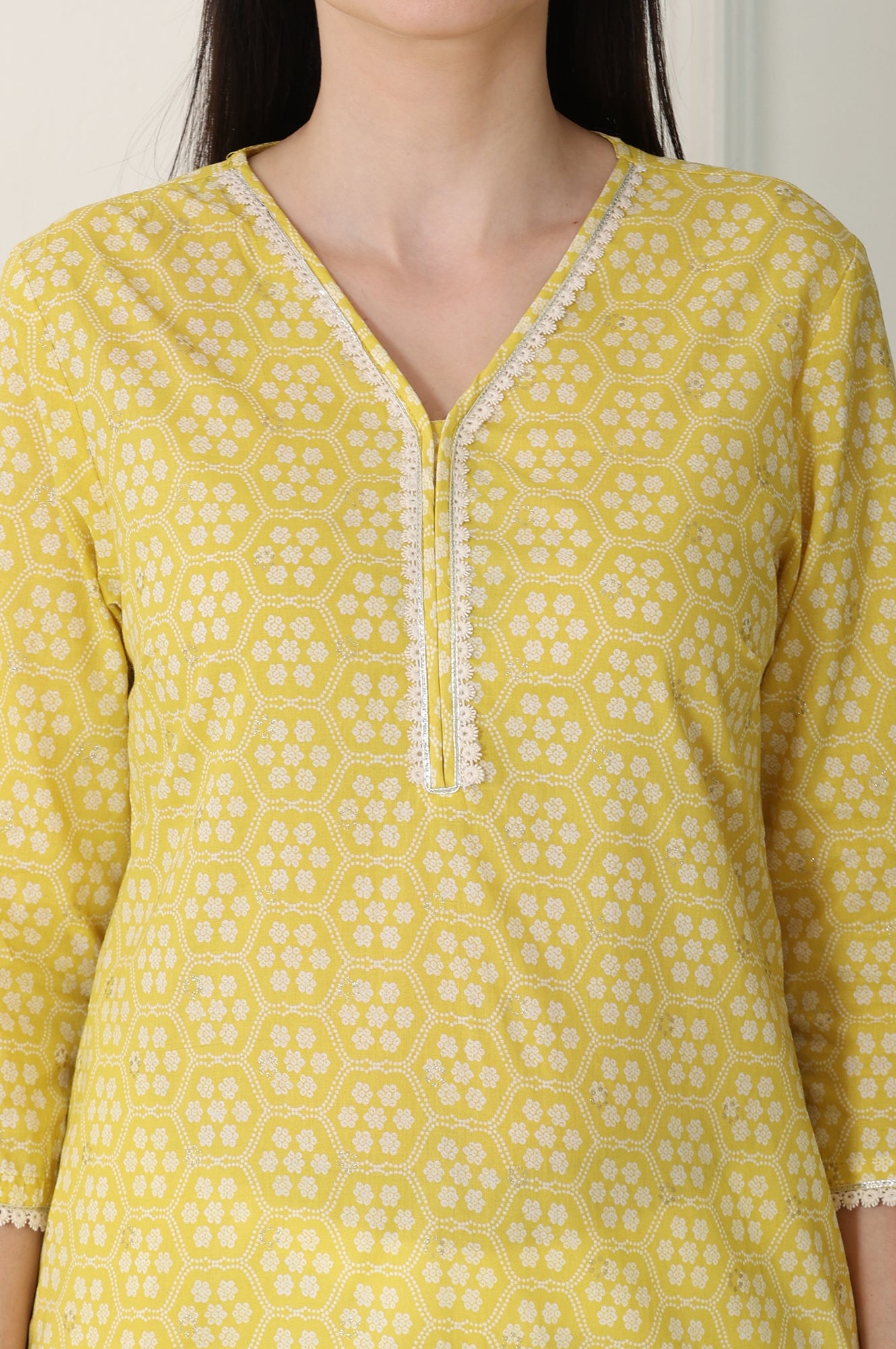 Yellow Floral Printed Pure Cotton Soft & Breathable Kurta With Lace - wforwoman