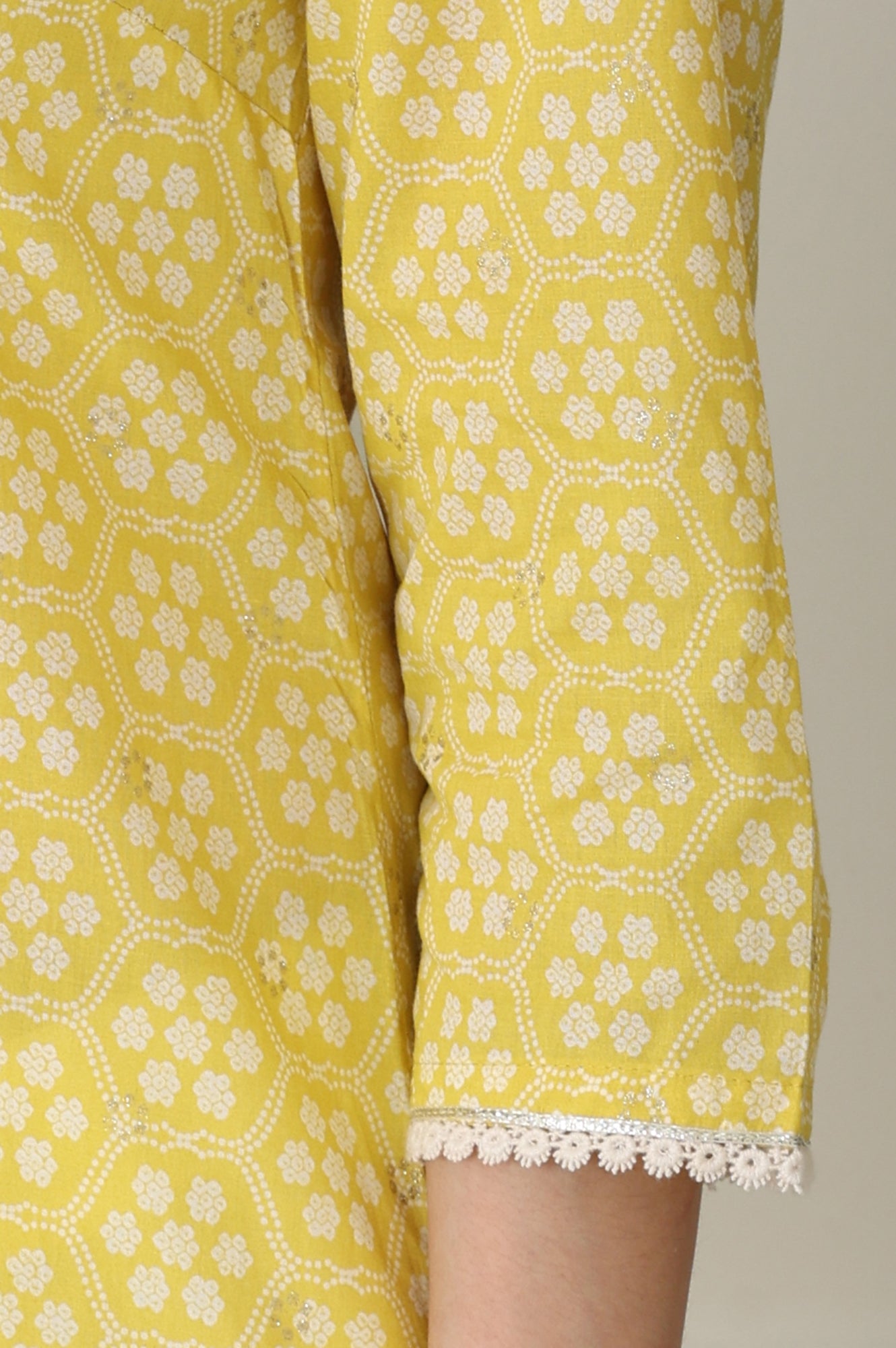 Yellow Floral Printed Pure Cotton Soft & Breathable Kurta With Lace